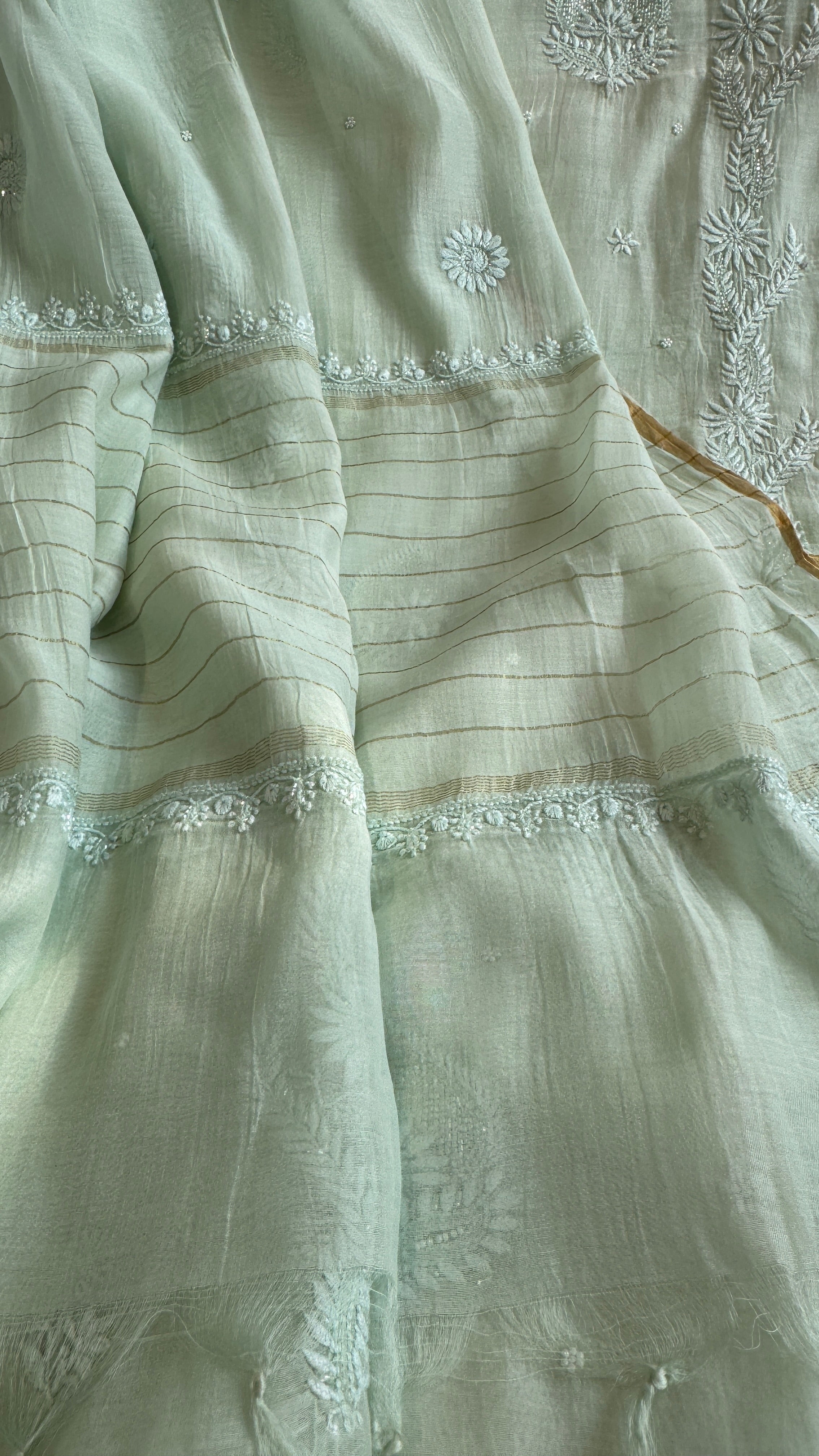 Mul Chanderi Chikankari Length with Dupatta (with Pearl) - Sheen Green