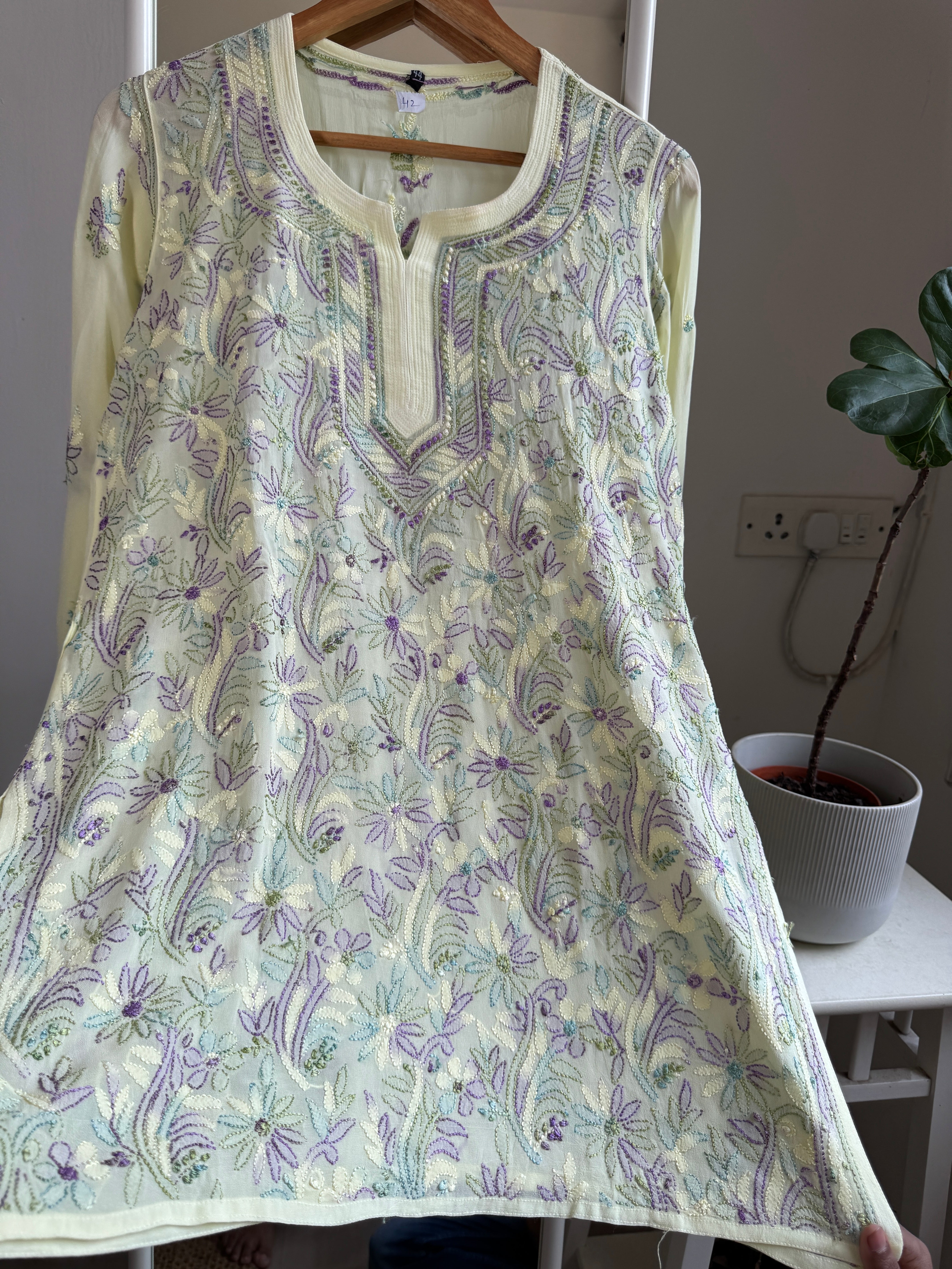 Chikankari Viscose Georgette short Top in Lemon Yellow  Multi Thread ARIAA CHIKANKARI 