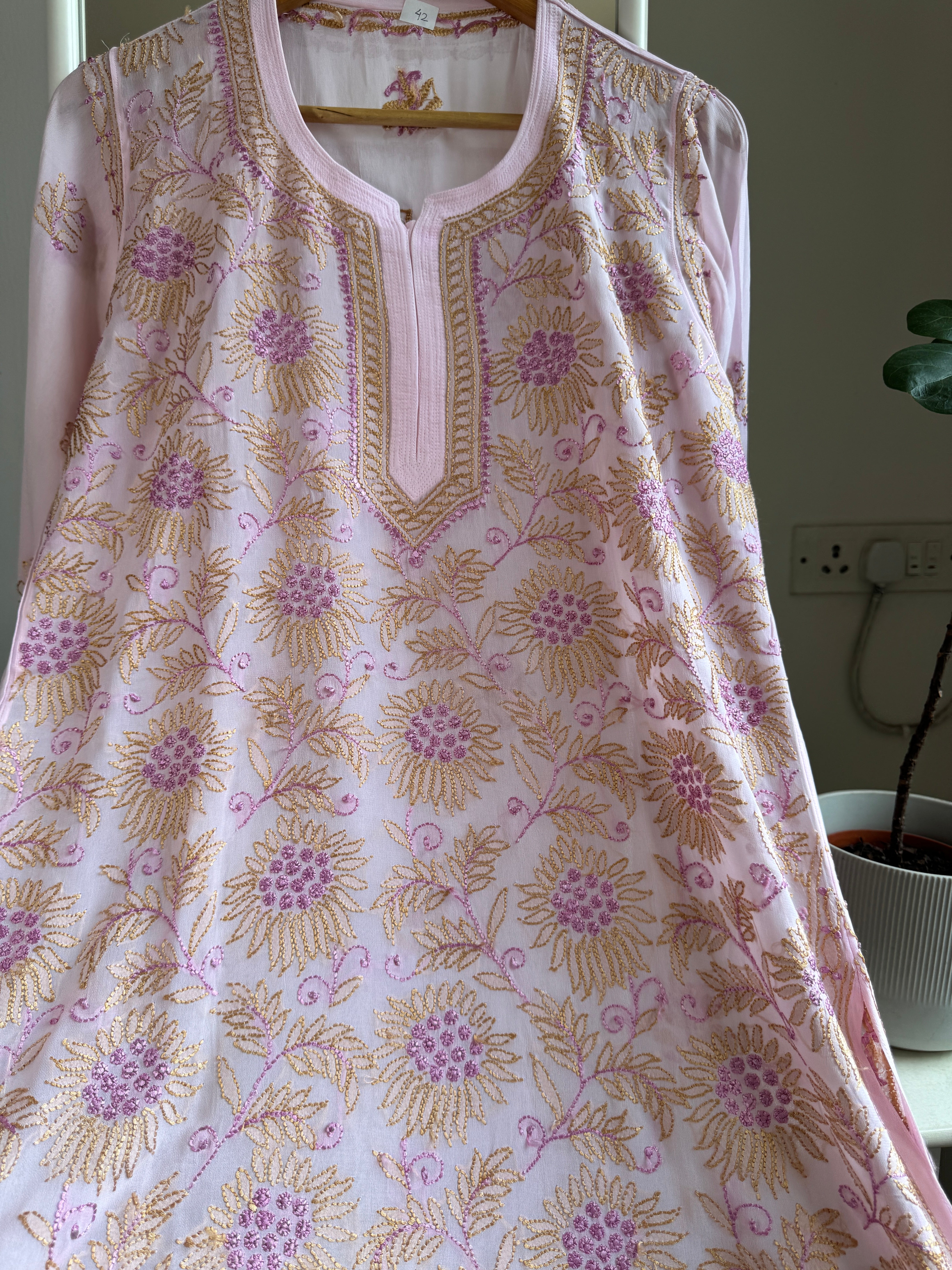 Chikankari Viscose Georgette short Top in Pink Multi Thread ARIAA CHIKANKARI 