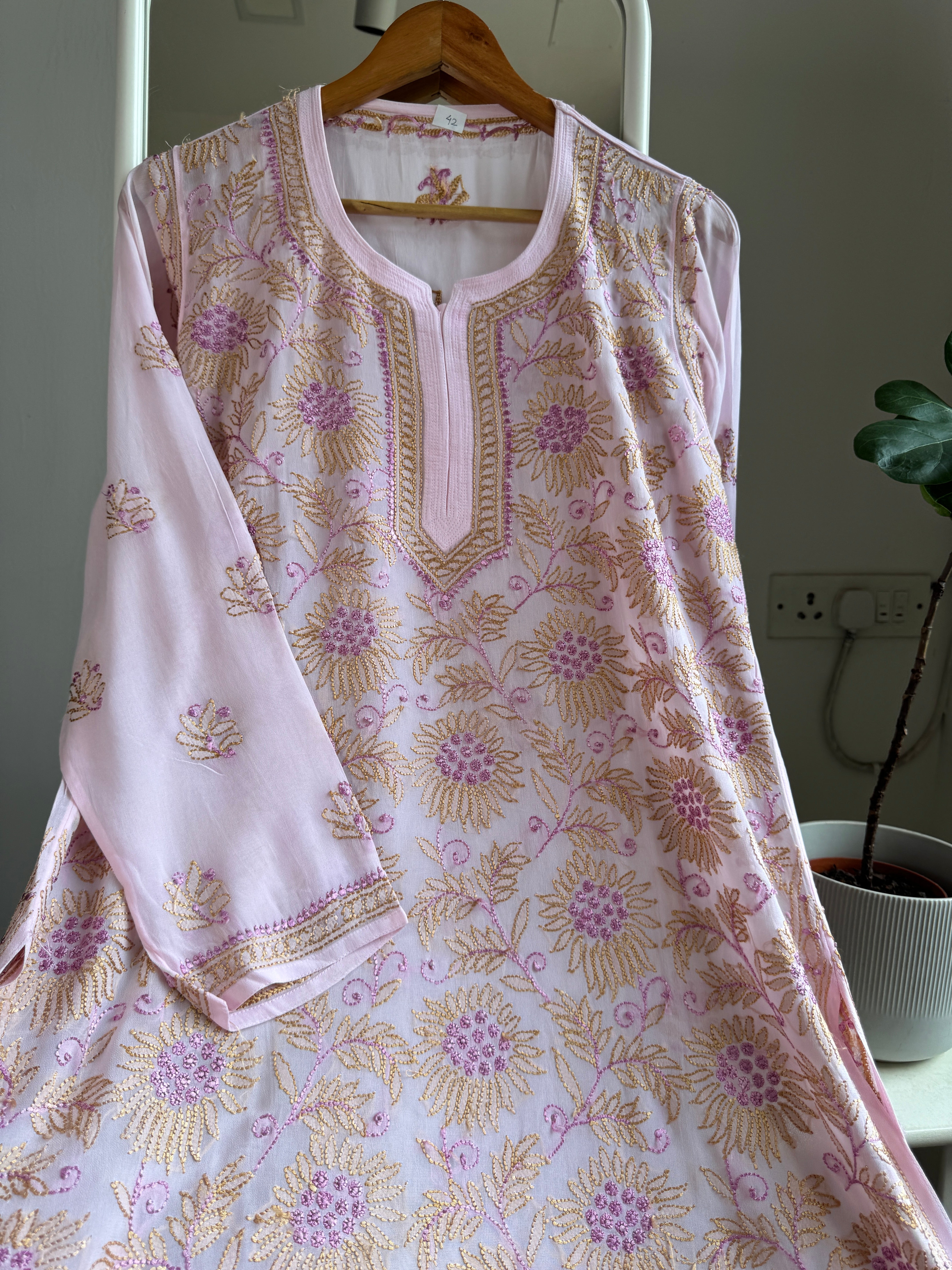 Chikankari Viscose Georgette short Top in Pink Multi Thread ARIAA CHIKANKARI 