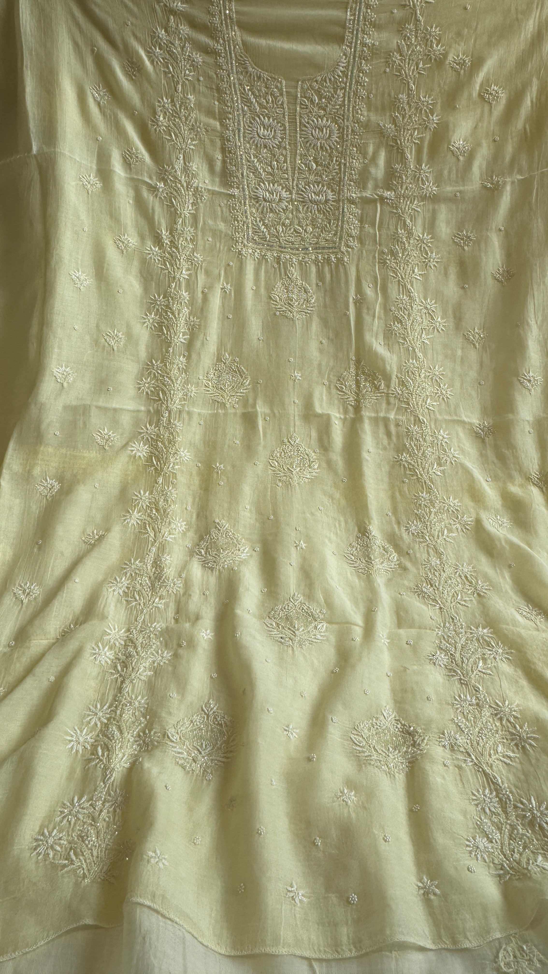 Mul Chanderi Length with Dupatta (with Pearl) - Lemon Yellow