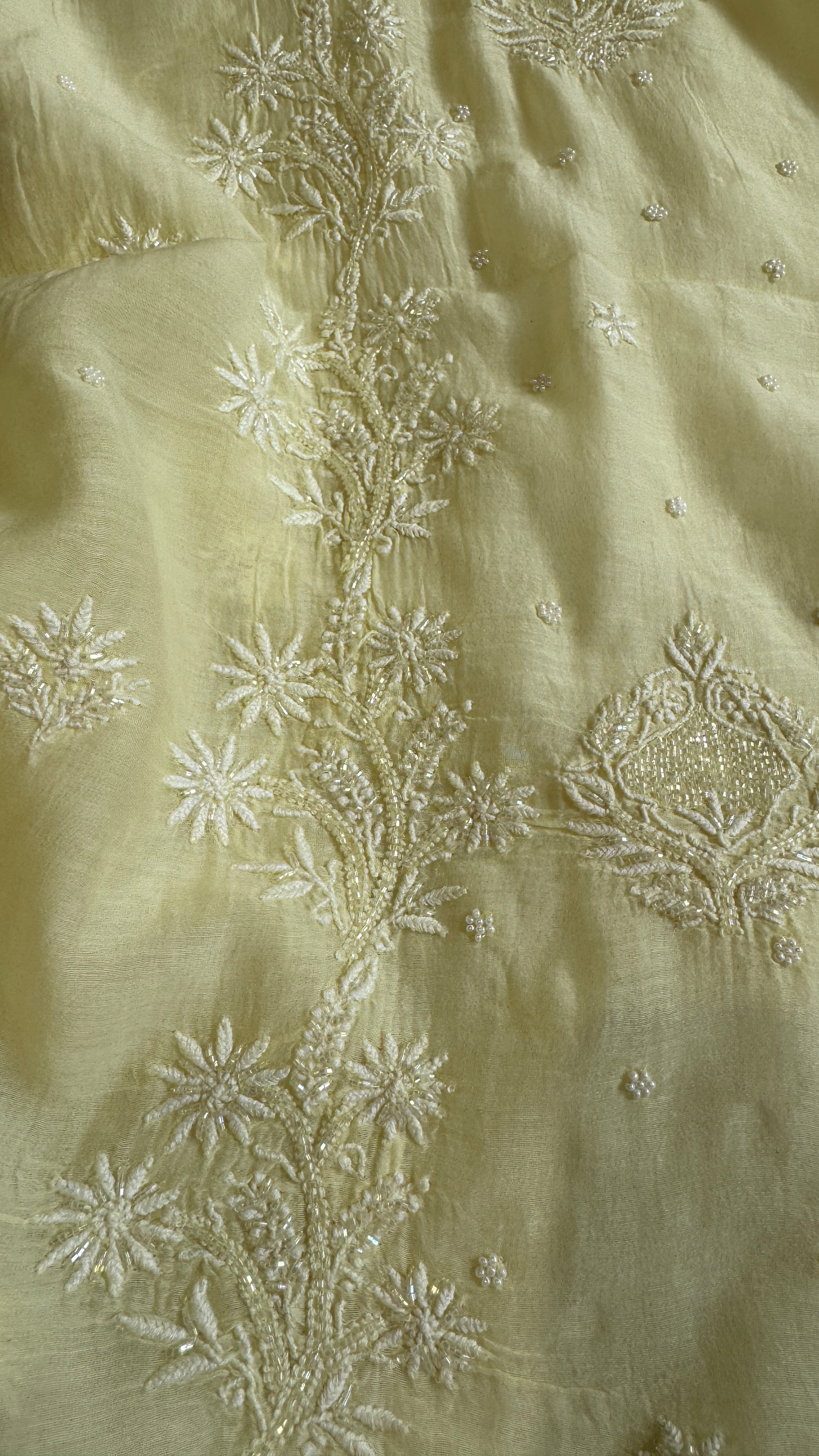 Mul Chanderi Length with Dupatta (with Pearl) - Lemon Yellow