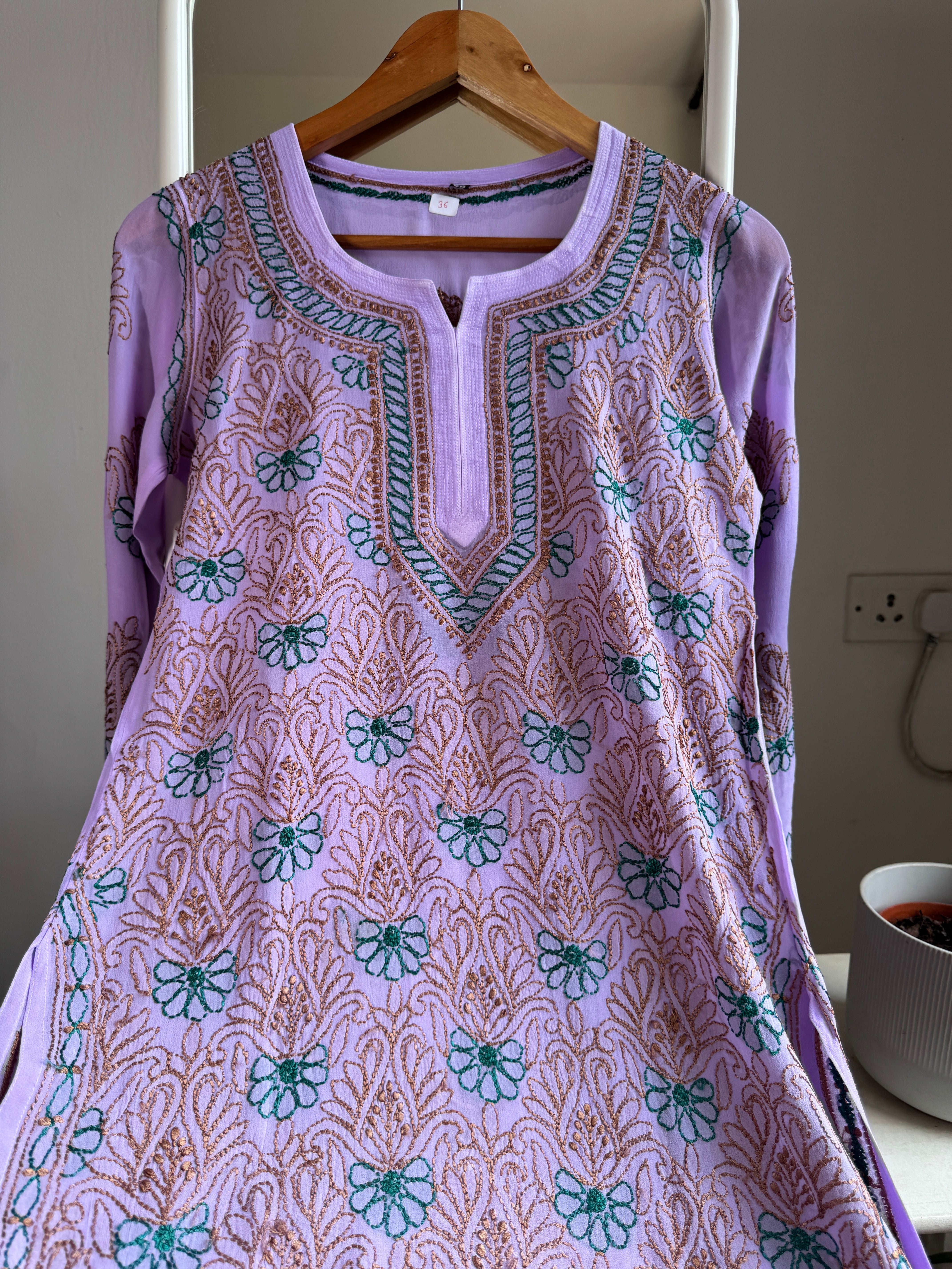 Chikankari Viscose Georgette short Top in Lavander  Multi Thread ARIAA CHIKANKARI 