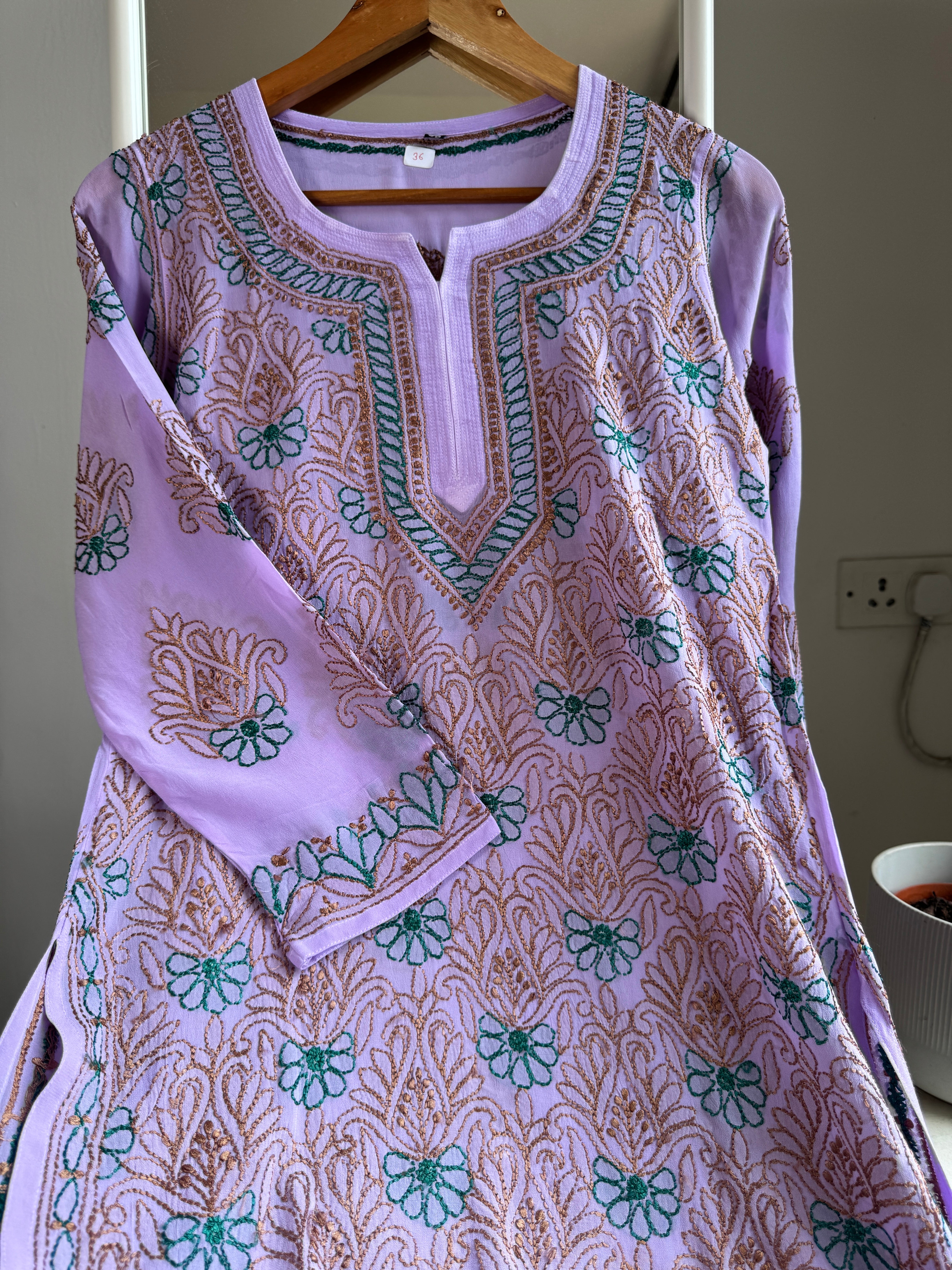 Chikankari Viscose Georgette short Top in Lavander  Multi Thread ARIAA CHIKANKARI 