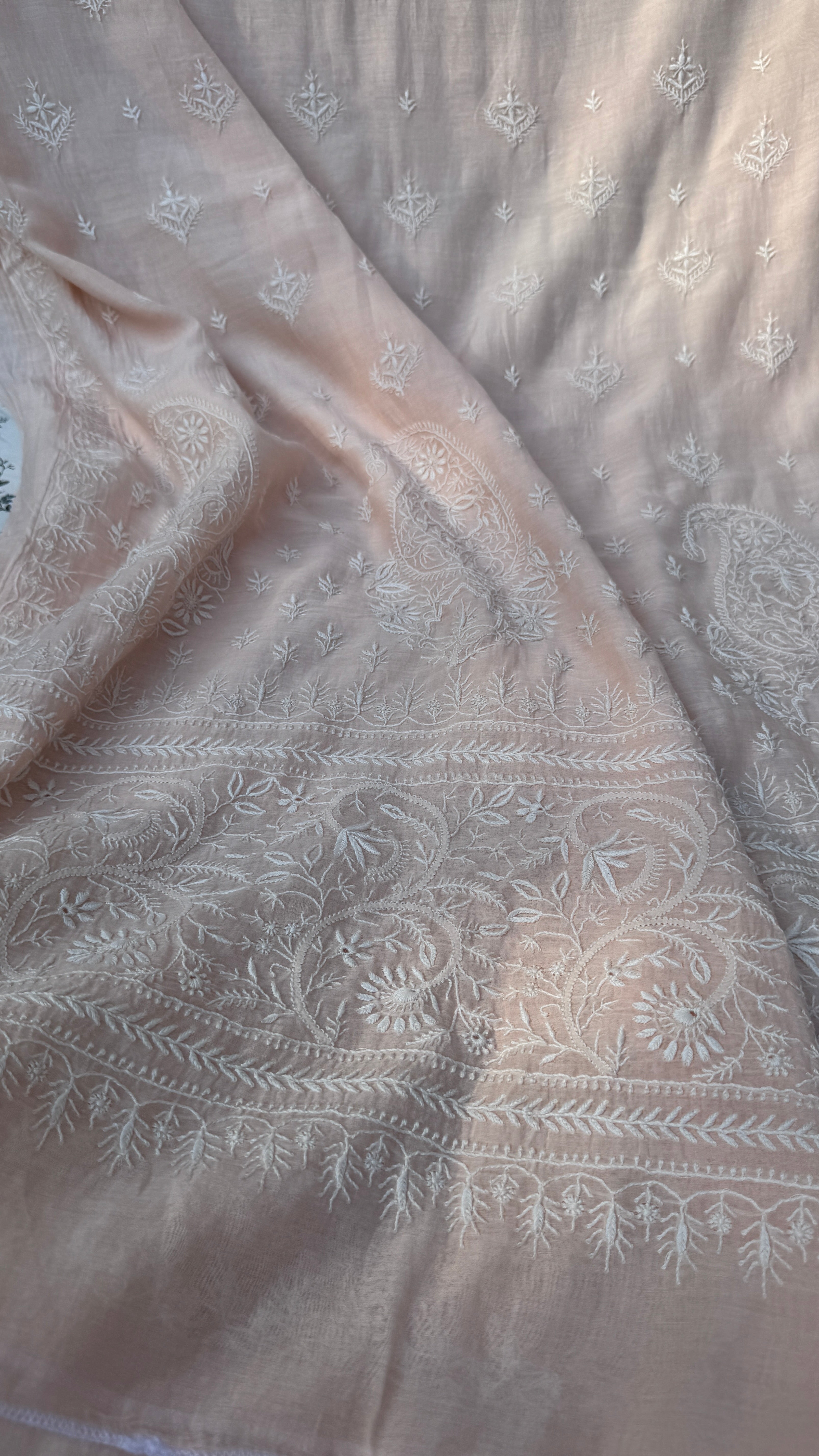 Pure Mul Chanderi Chikankari saree in Pale Pink