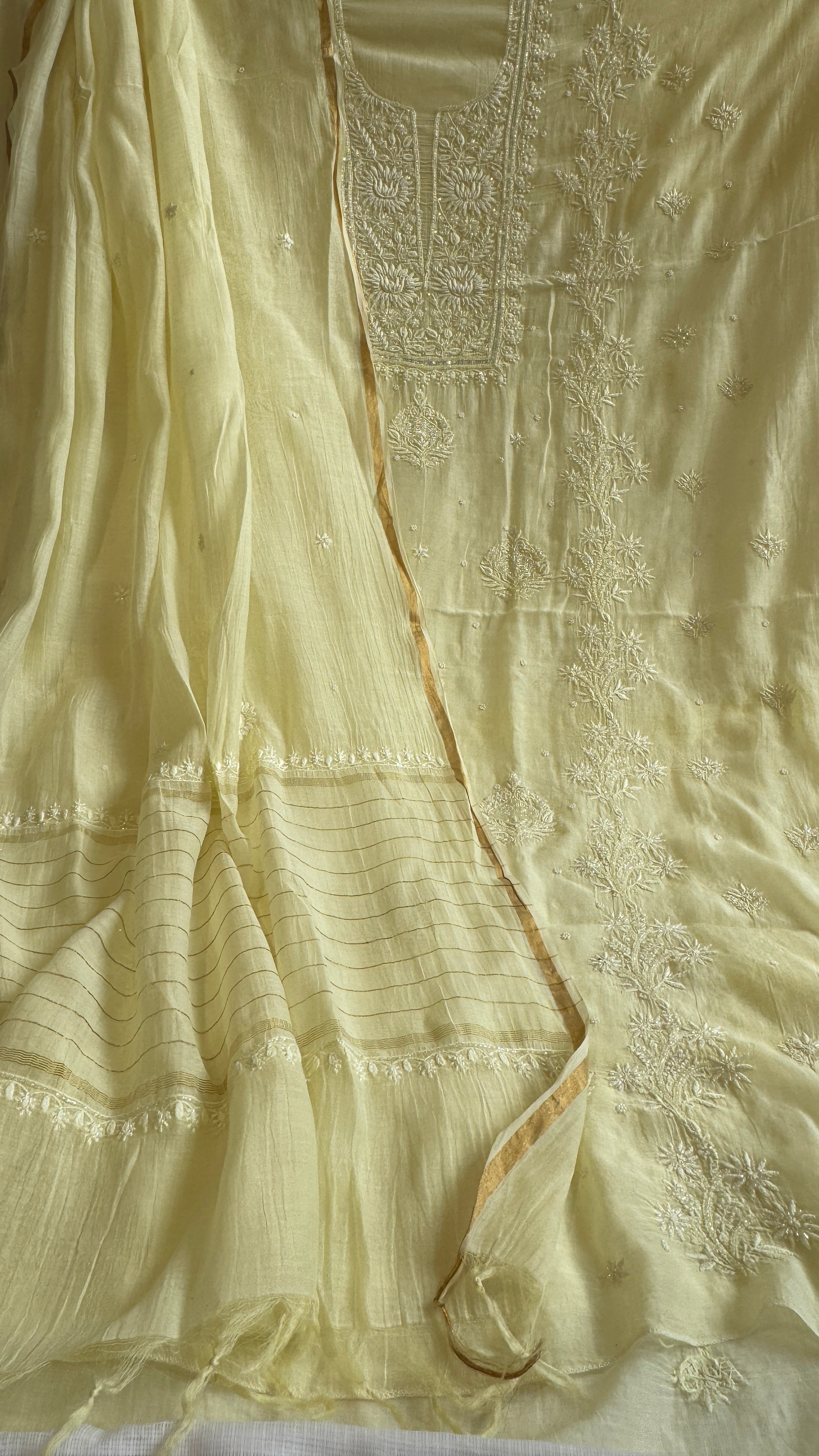 Mul Chanderi Length with Dupatta (with Pearl) - Lemon Yellow