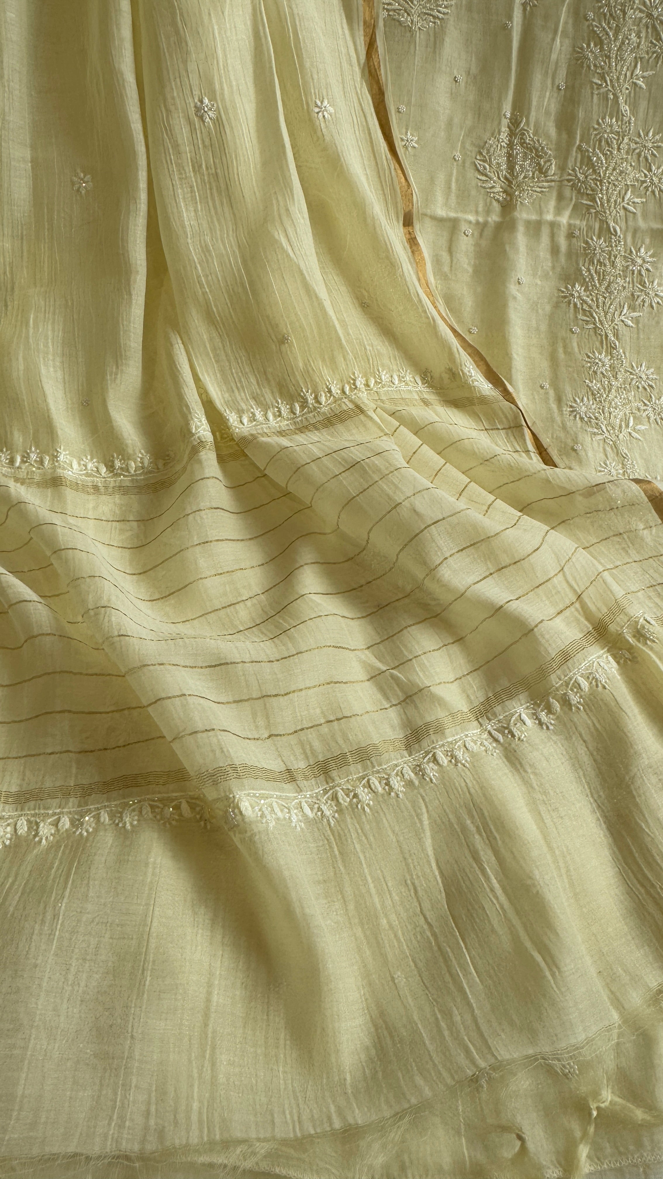 Mul Chanderi Length with Dupatta (with Pearl) - Lemon Yellow