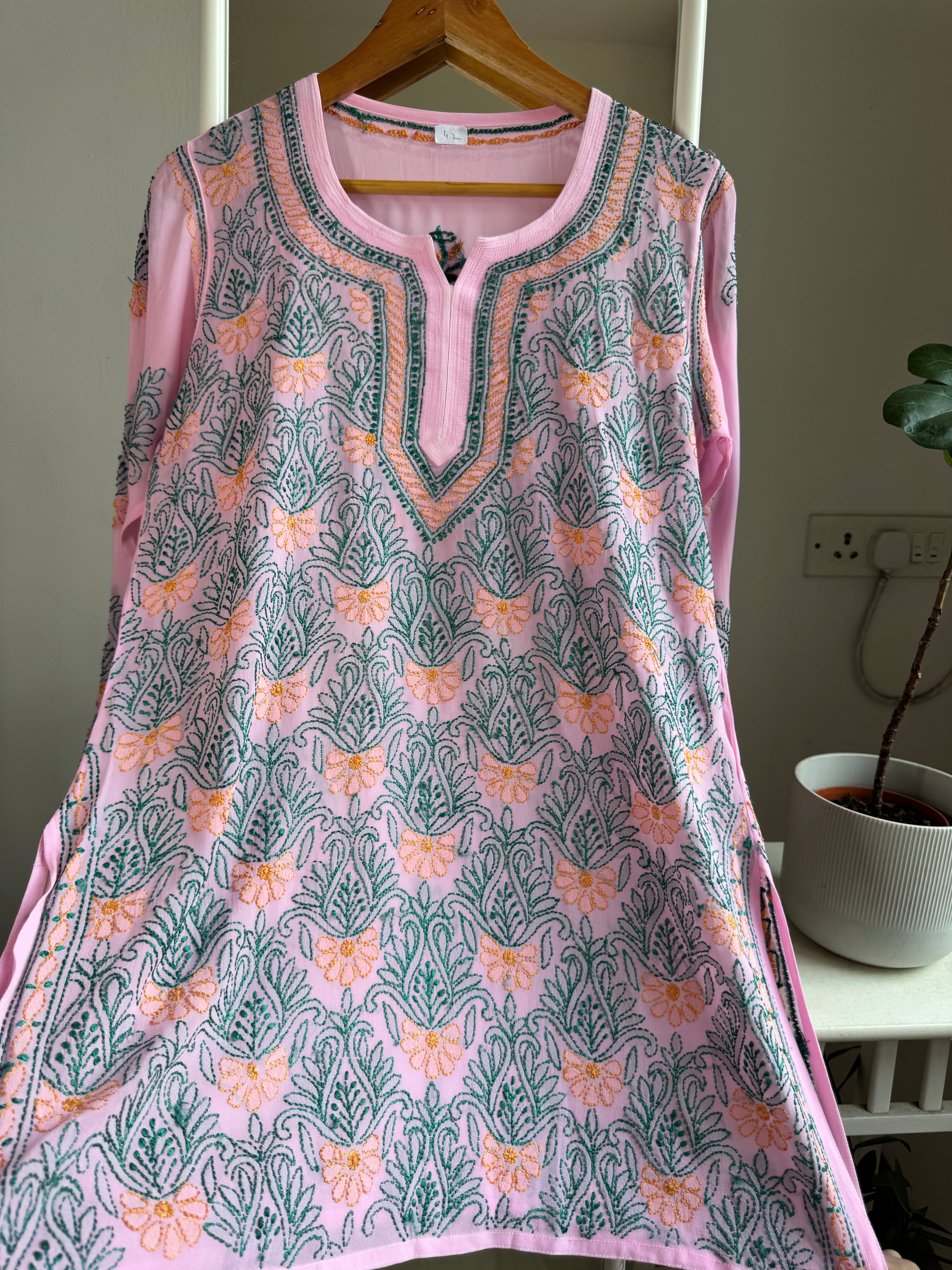 Chikankari Viscose Georgette short Top in Pink Multi Thread ARIAA CHIKANKARI 