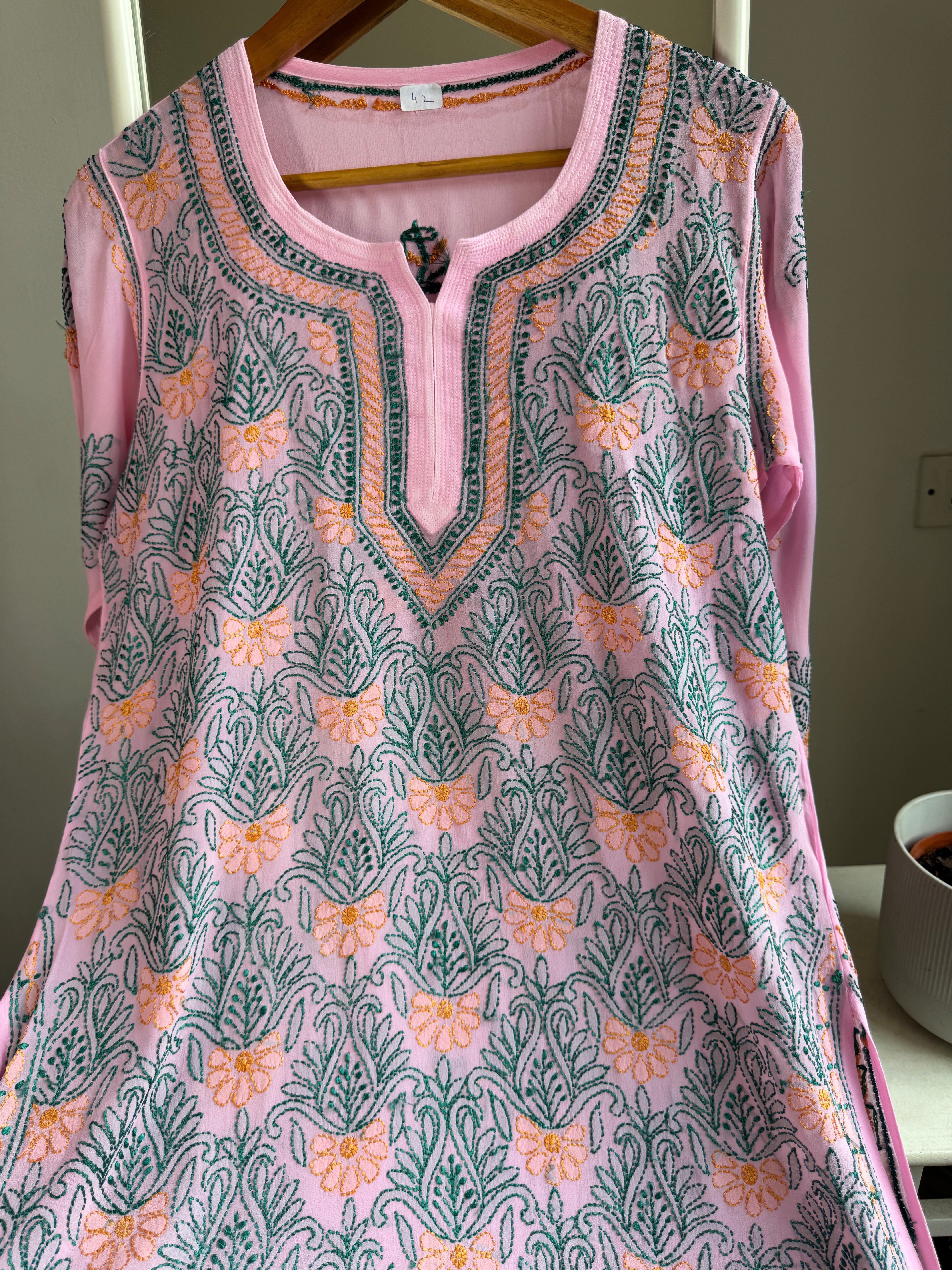 Chikankari Viscose Georgette short Top in Pink Multi Thread ARIAA CHIKANKARI 
