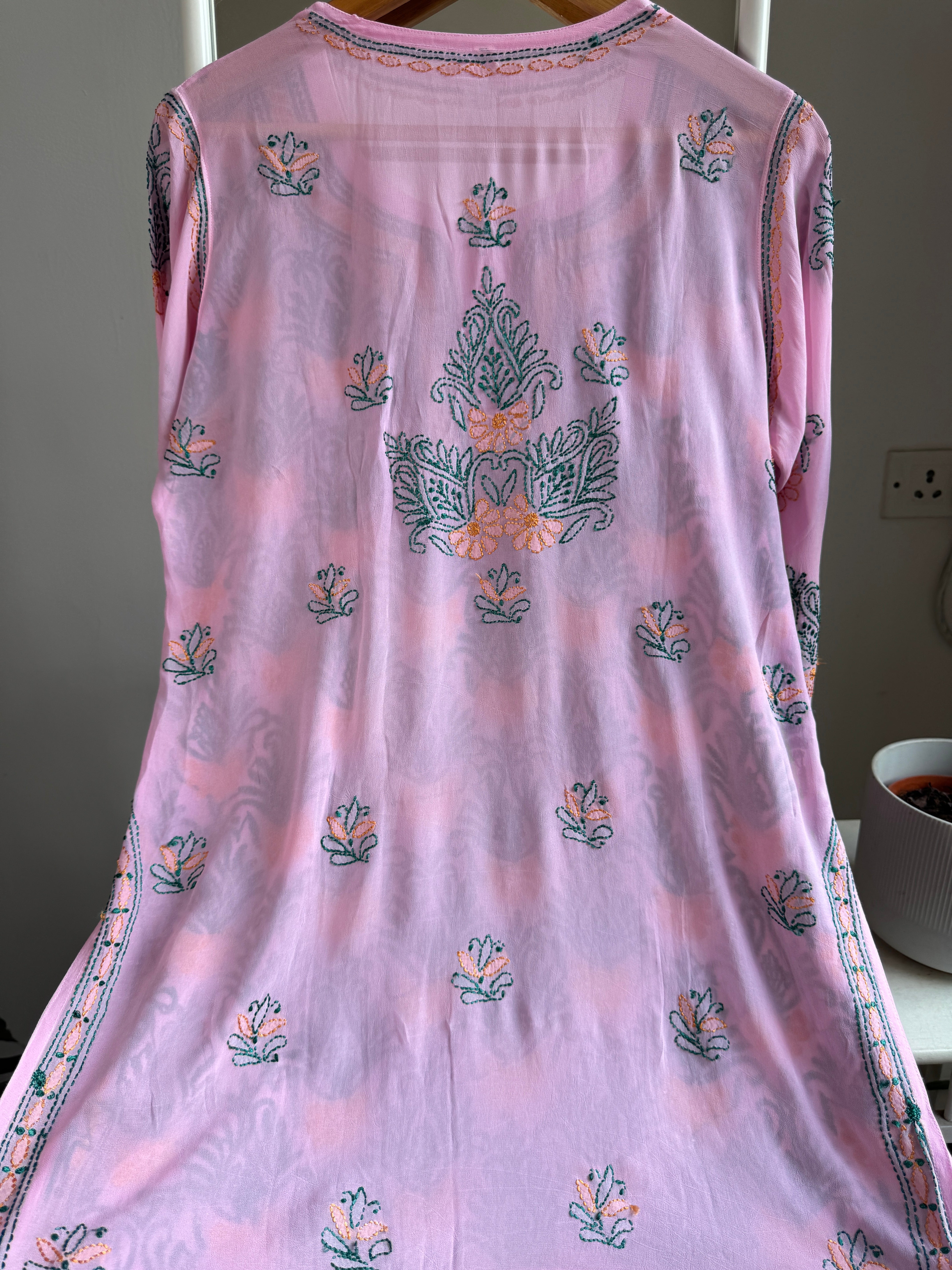 Chikankari Viscose Georgette short Top in Pink Multi Thread ARIAA CHIKANKARI 