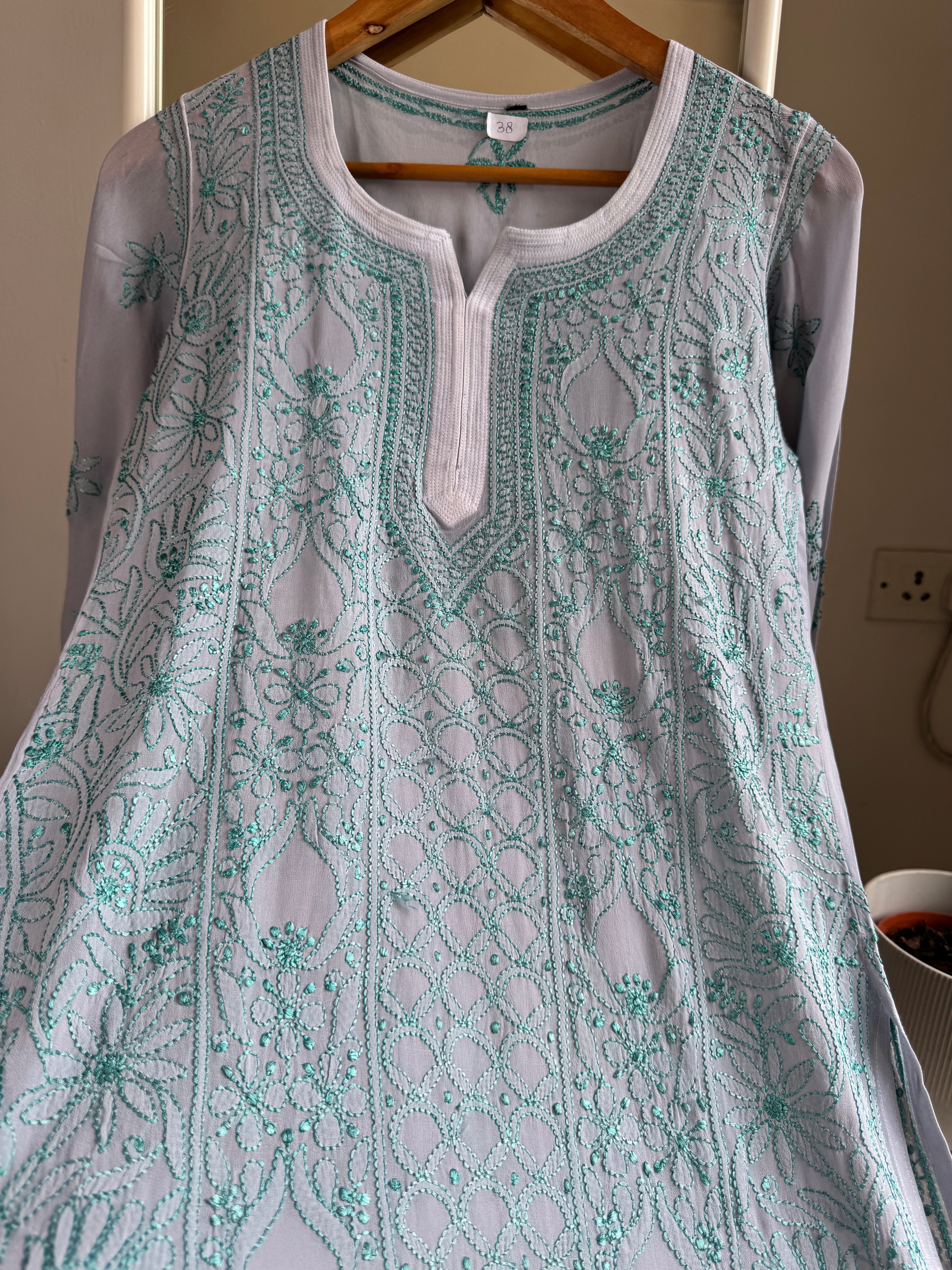 Chikankari Viscose Georgette short Top in Grey Multi Thread ARIAA CHIKANKARI 