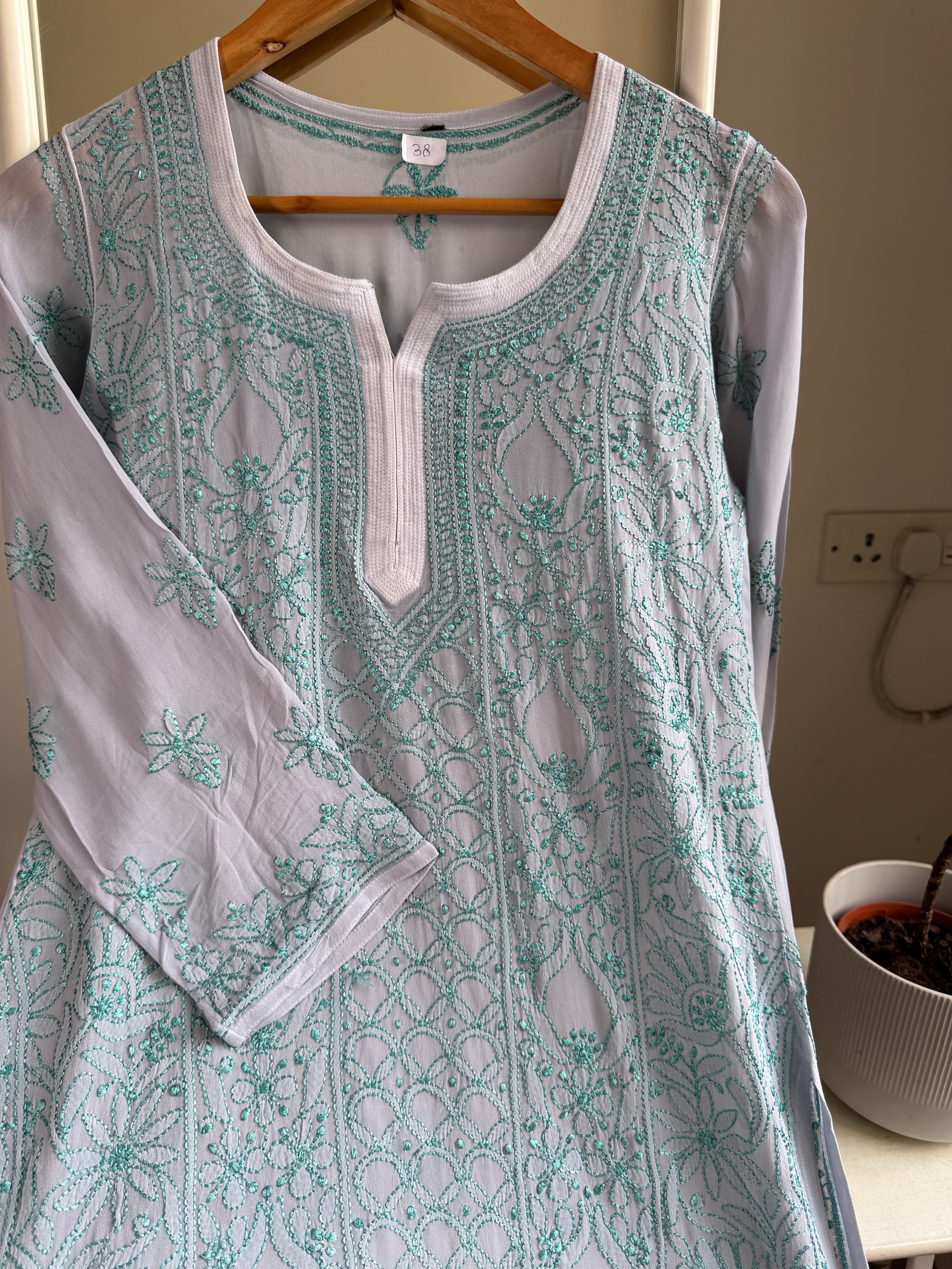 Chikankari Viscose Georgette short Top in Grey Multi Thread ARIAA CHIKANKARI 