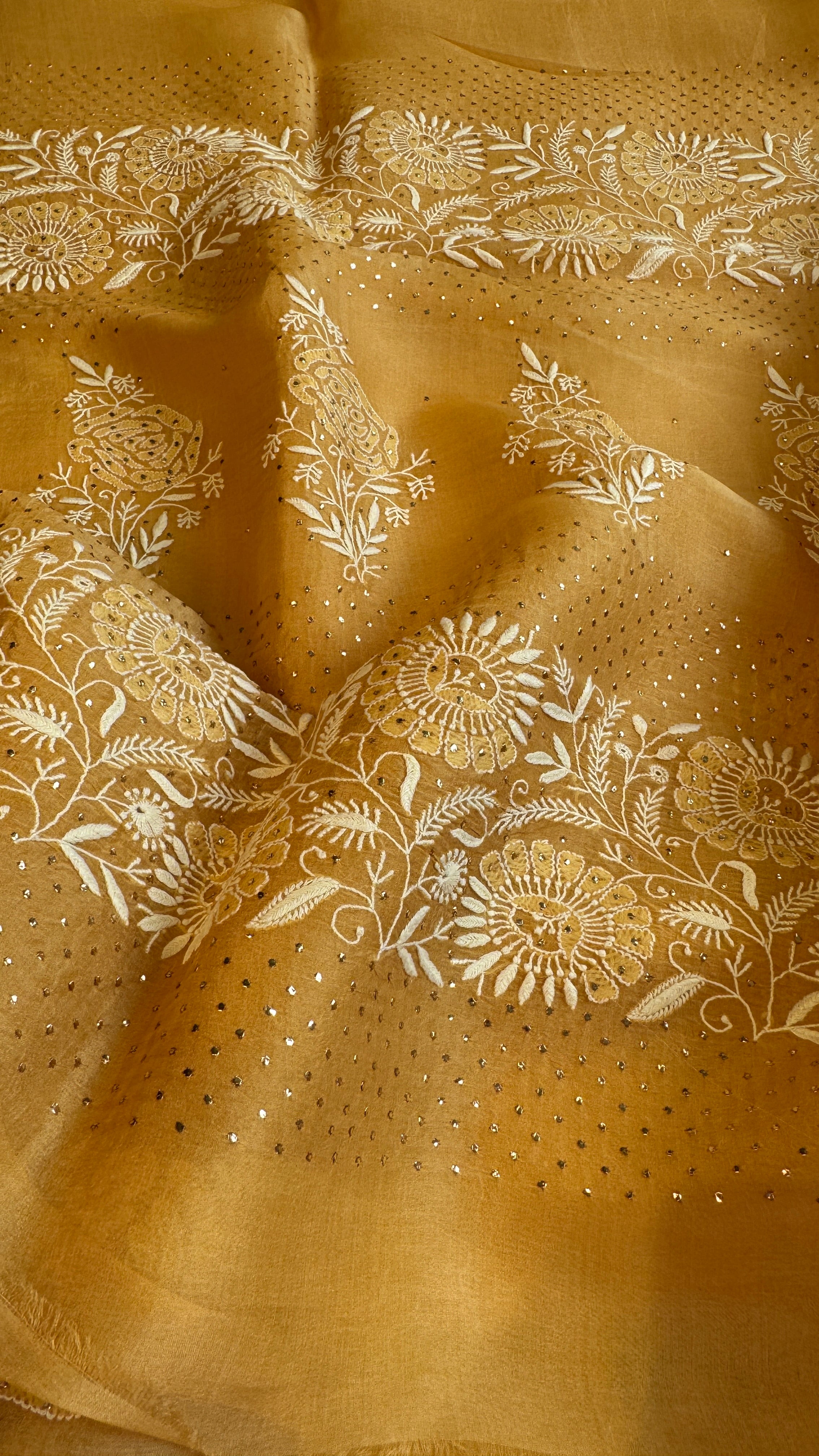 Pure organza Chikankari saree in Yellow with Mukaish work