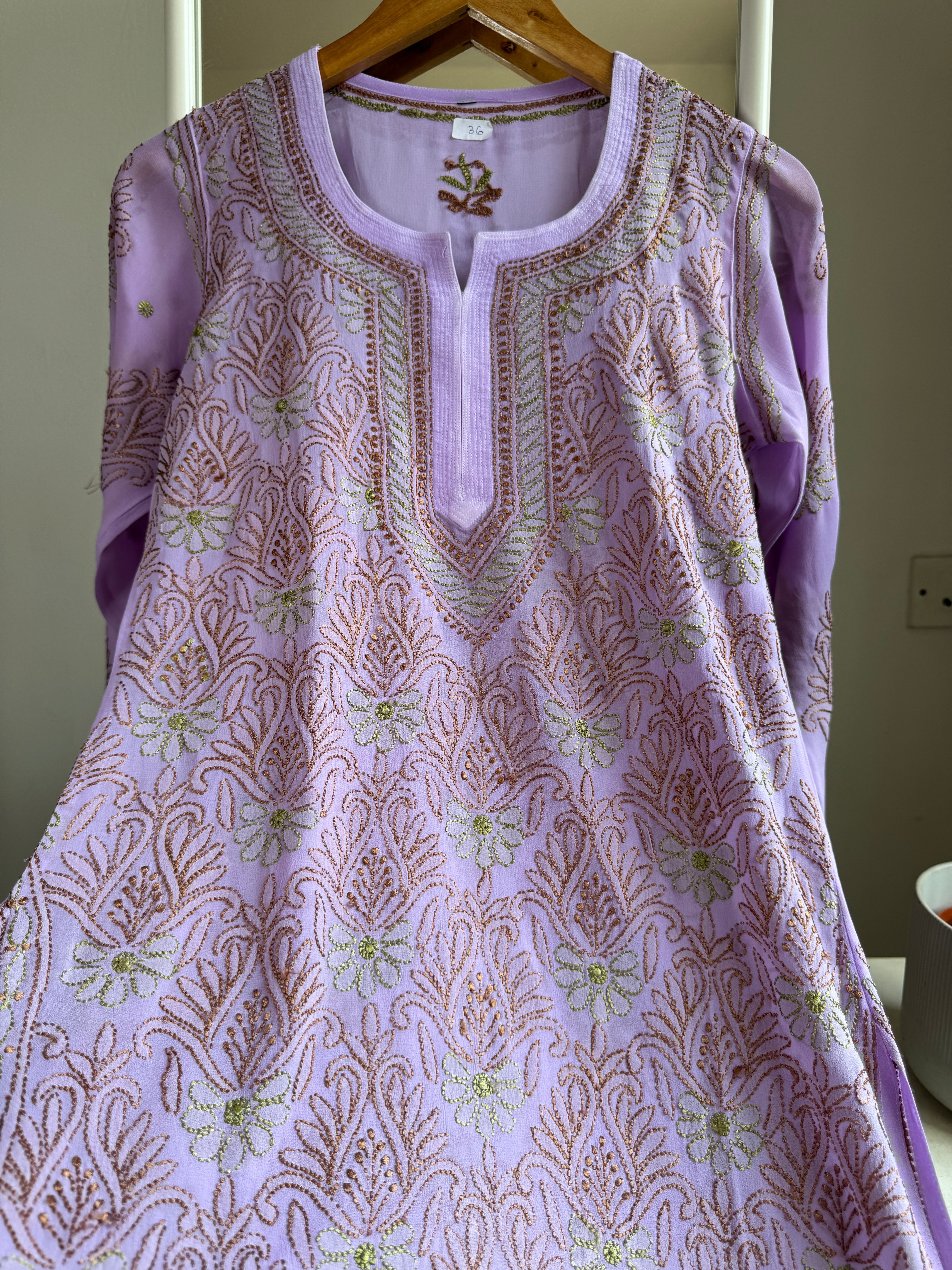 Chikankari Viscose Georgette short Top in Lavander  Multi Thread ARIAA CHIKANKARI 