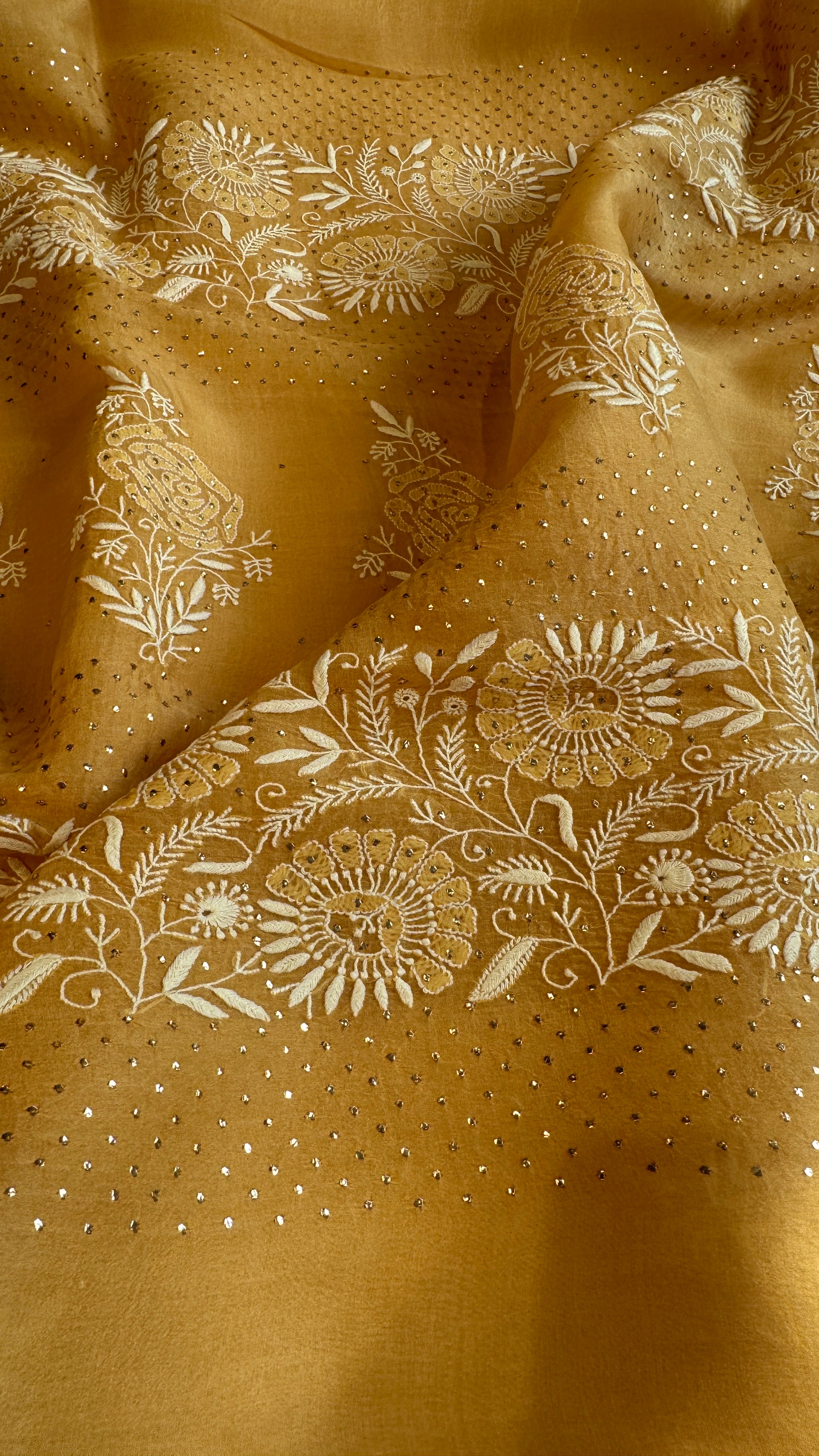 Pure organza Chikankari saree in Yellow with Mukaish work