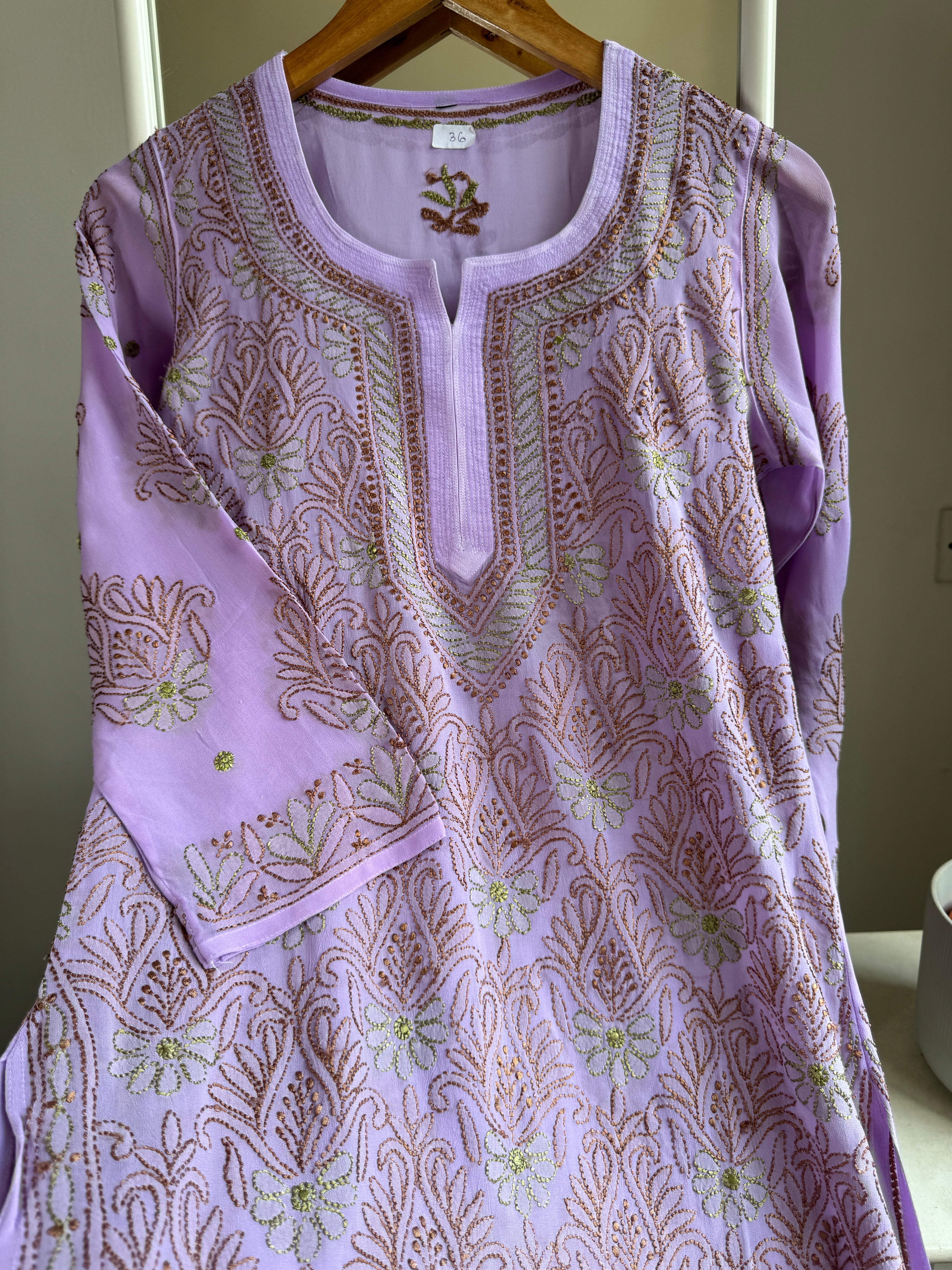 Chikankari Viscose Georgette short Top in Lavander  Multi Thread ARIAA CHIKANKARI 