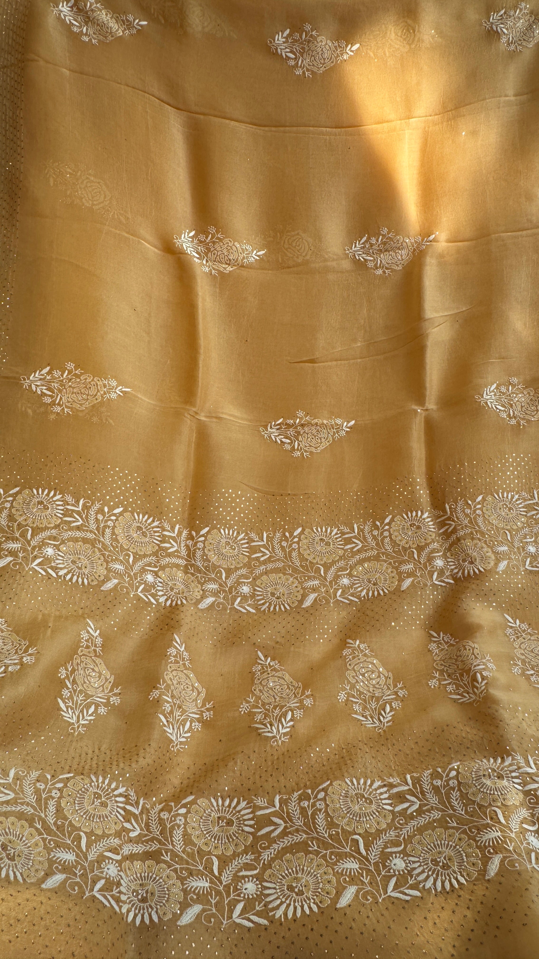 Pure organza Chikankari saree in Yellow with Mukaish work