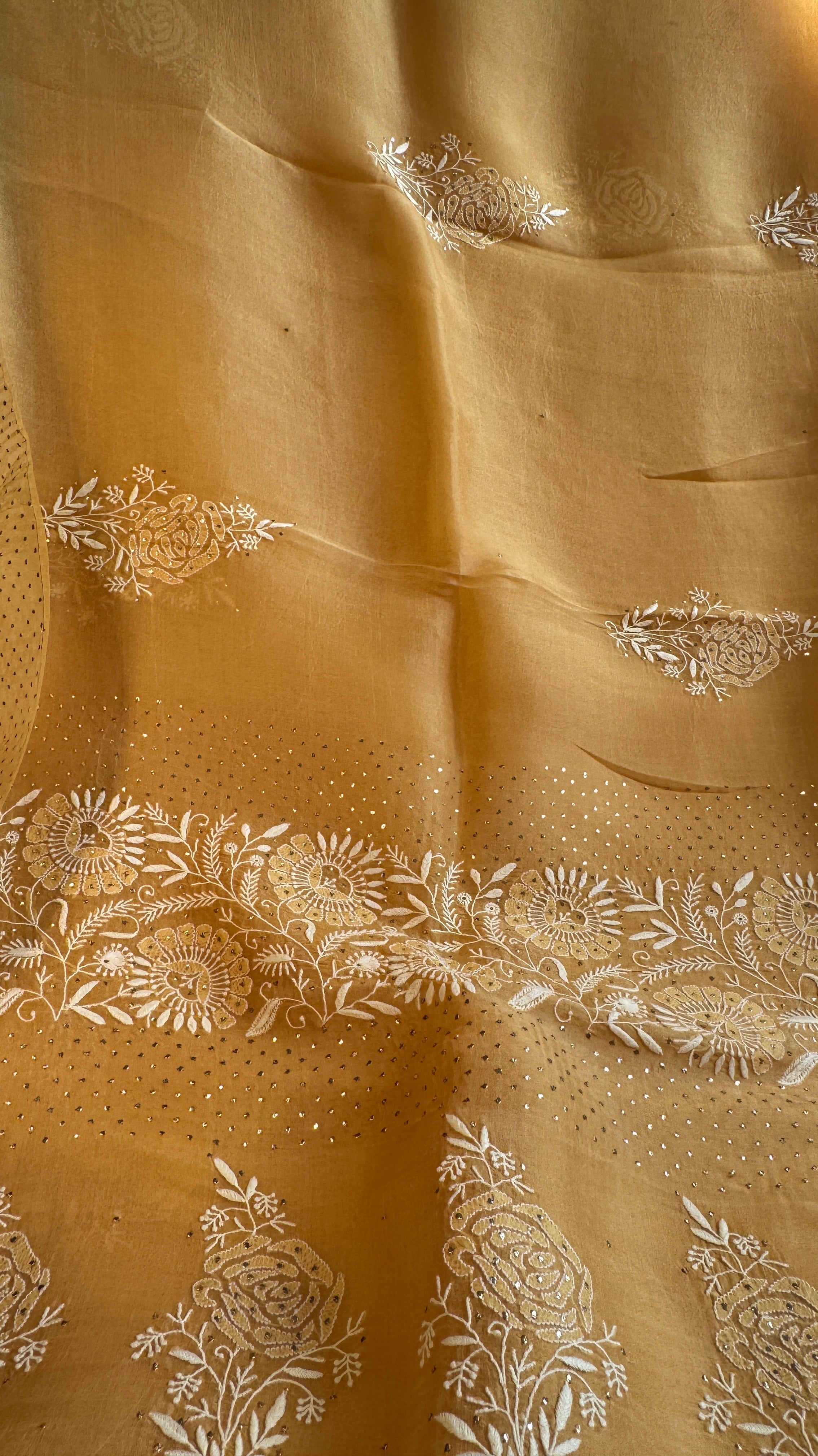 Pure organza Chikankari saree in Yellow with Mukaish work