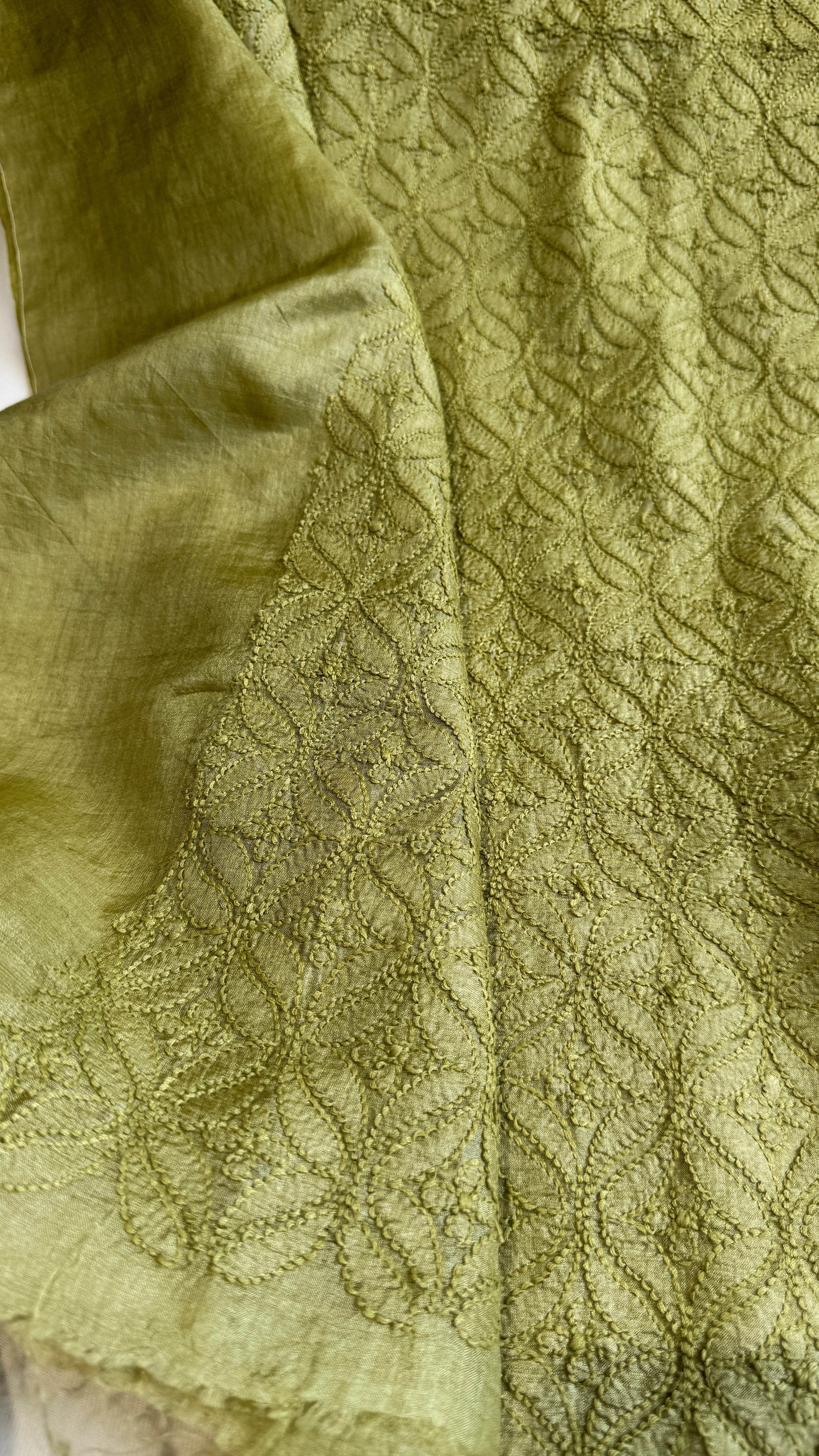 Pure Tussar Silk Chikankari Kurta Length - Mens- Green