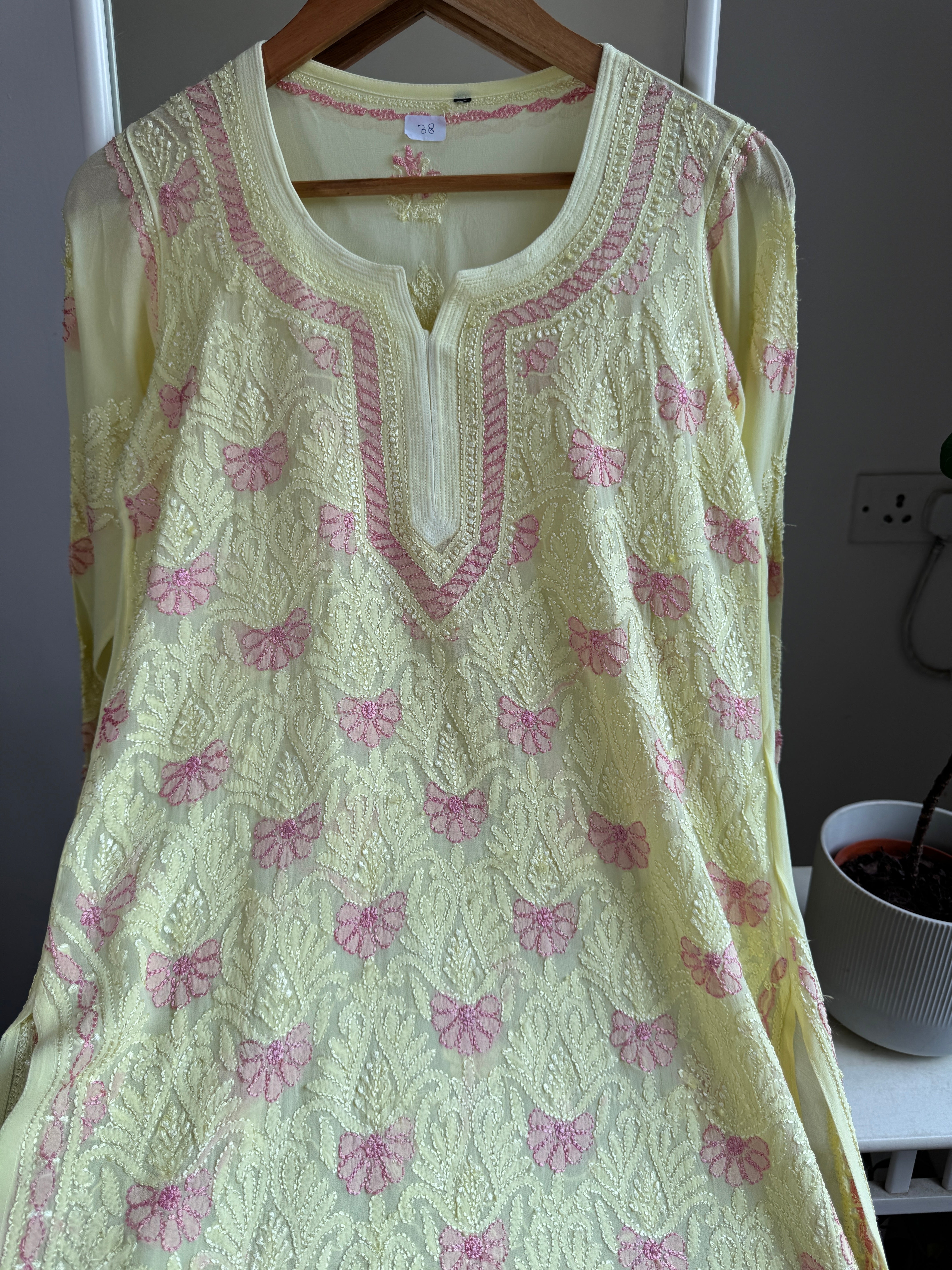 Chikankari Viscose Georgette short Top in Lemon Yellow  Multi Thread ARIAA CHIKANKARI 