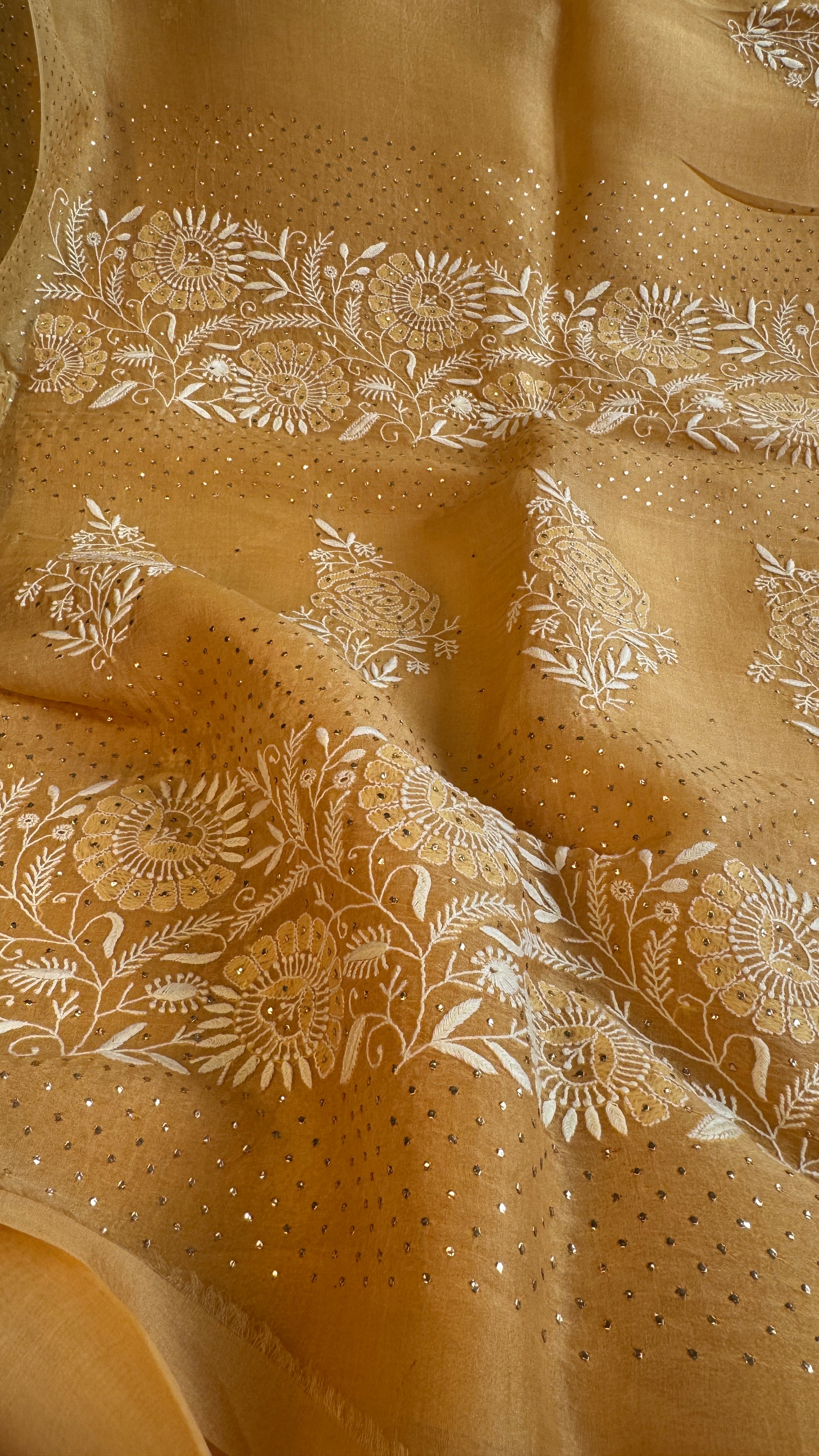 Pure organza Chikankari saree in Yellow with Mukaish work