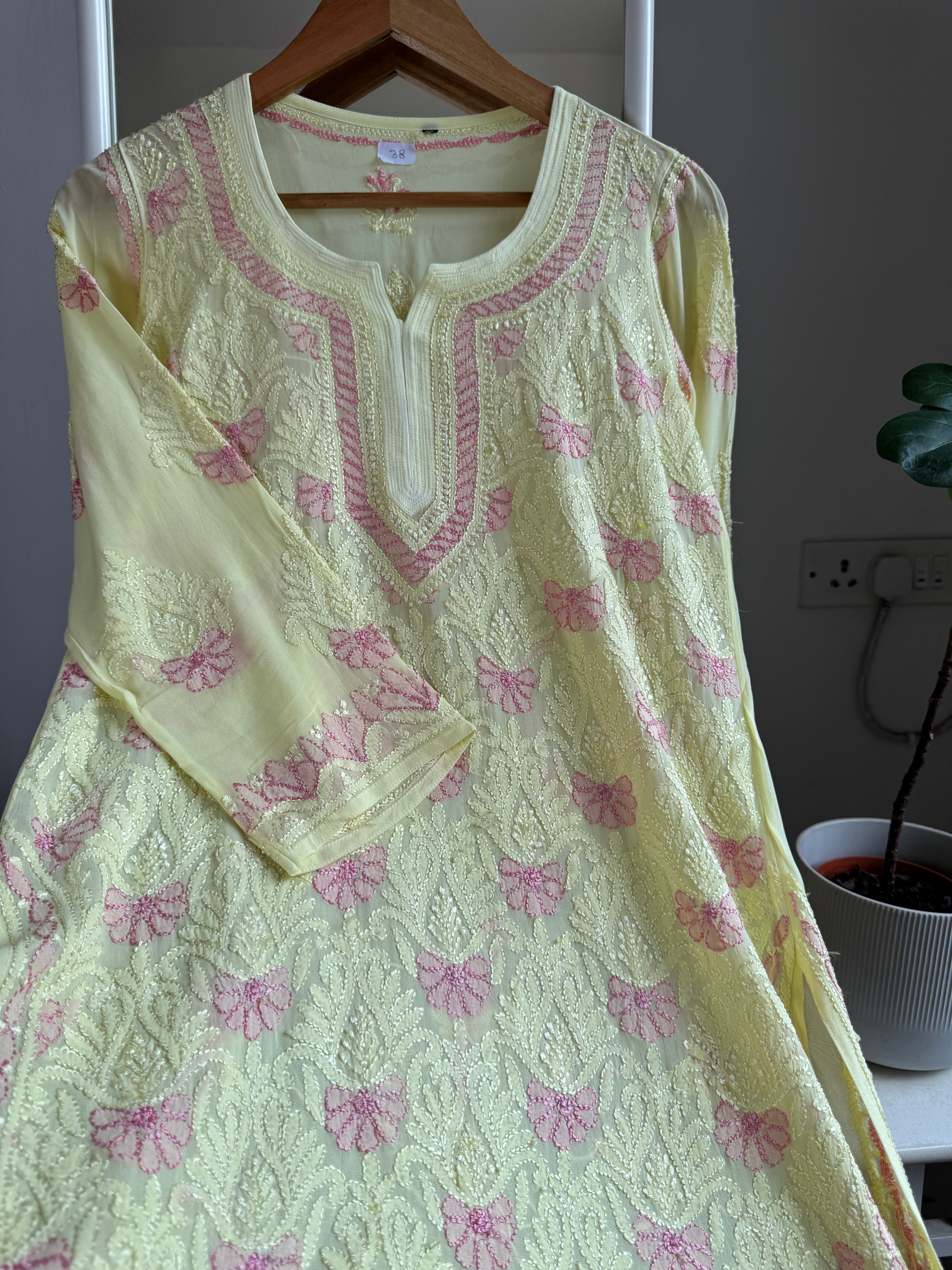 Chikankari Viscose Georgette short Top in Lemon Yellow  Multi Thread ARIAA CHIKANKARI 