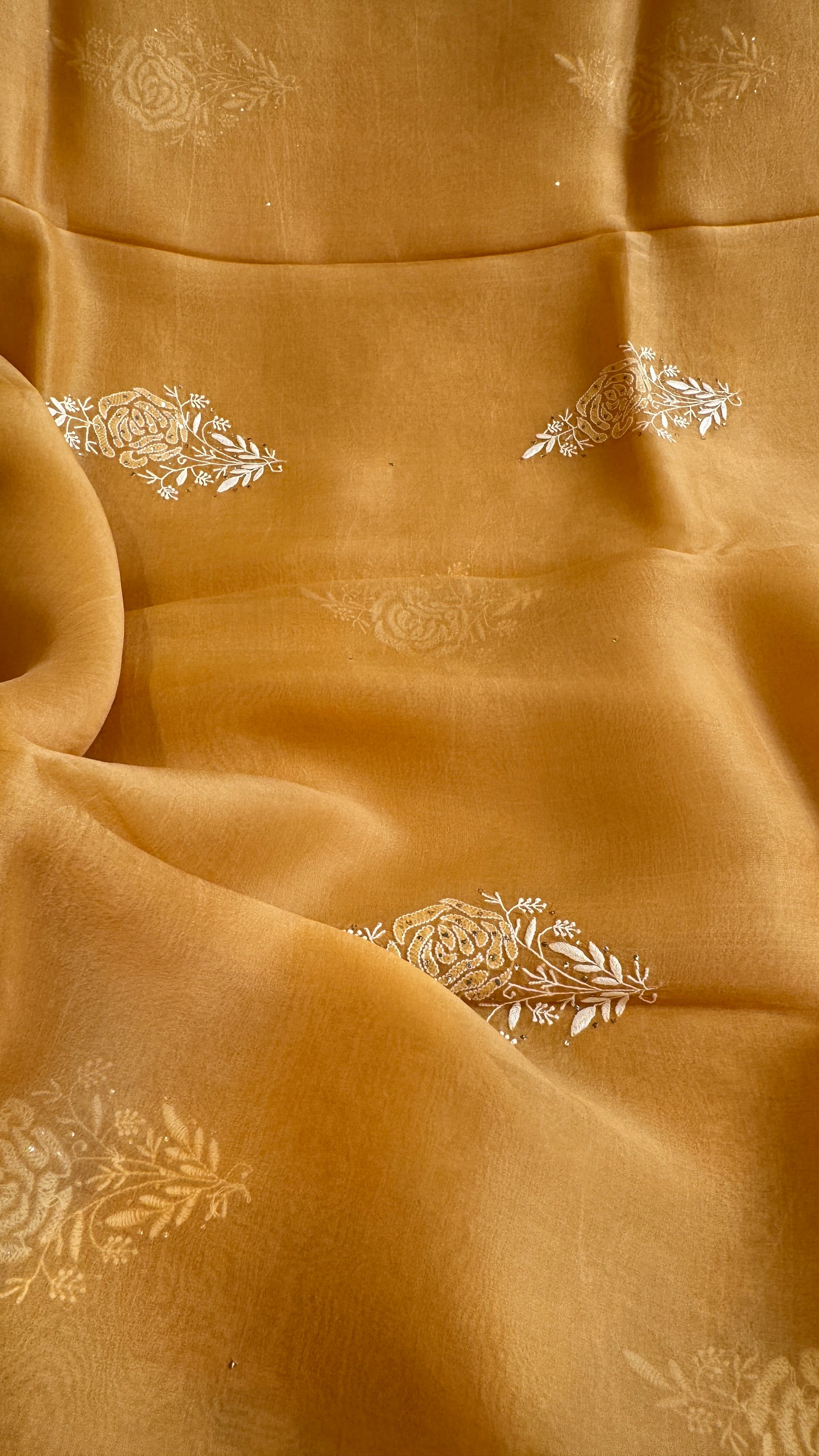 Pure organza Chikankari saree in Yellow with Mukaish work