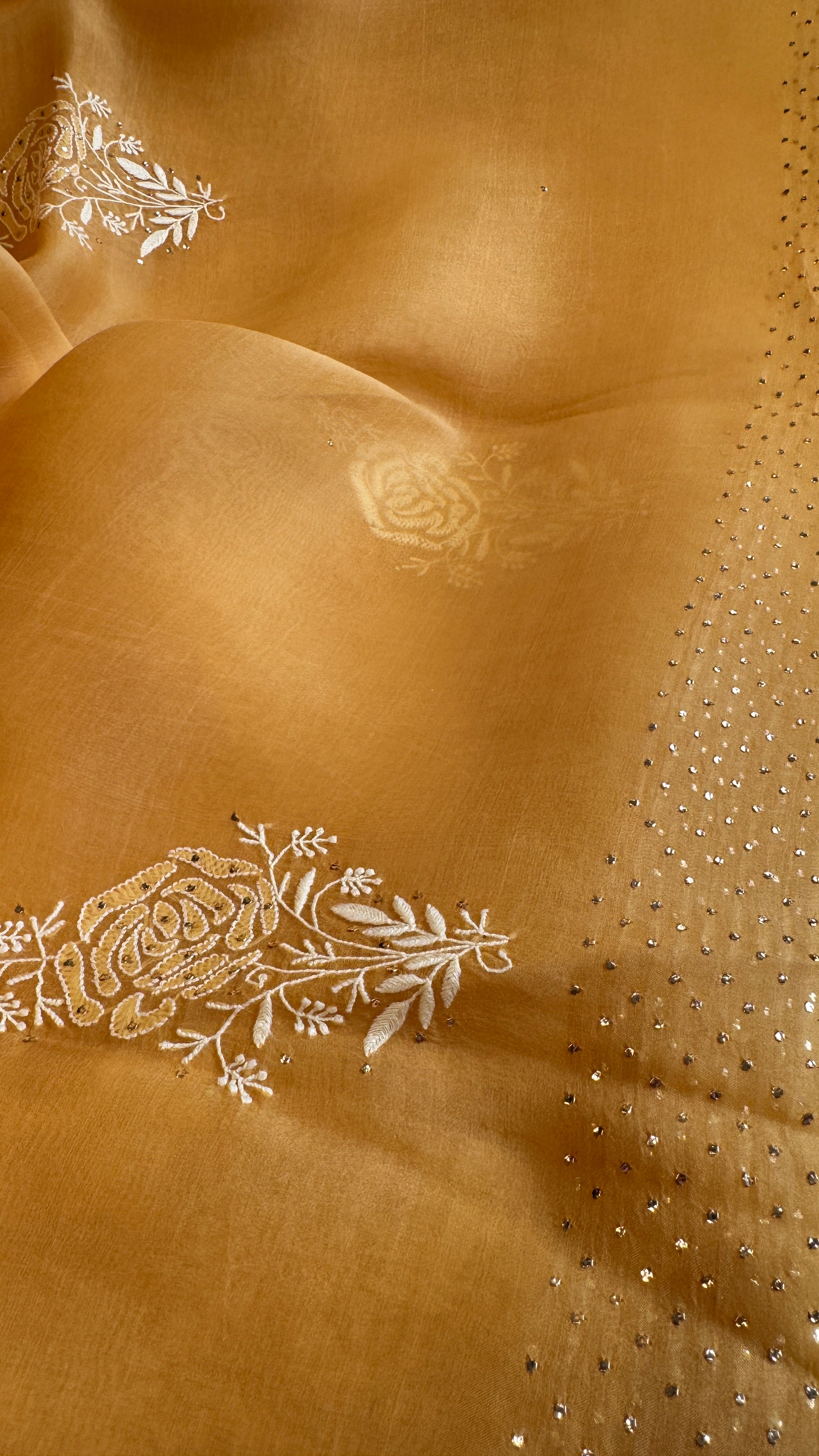 Pure organza Chikankari saree in Yellow with Mukaish work