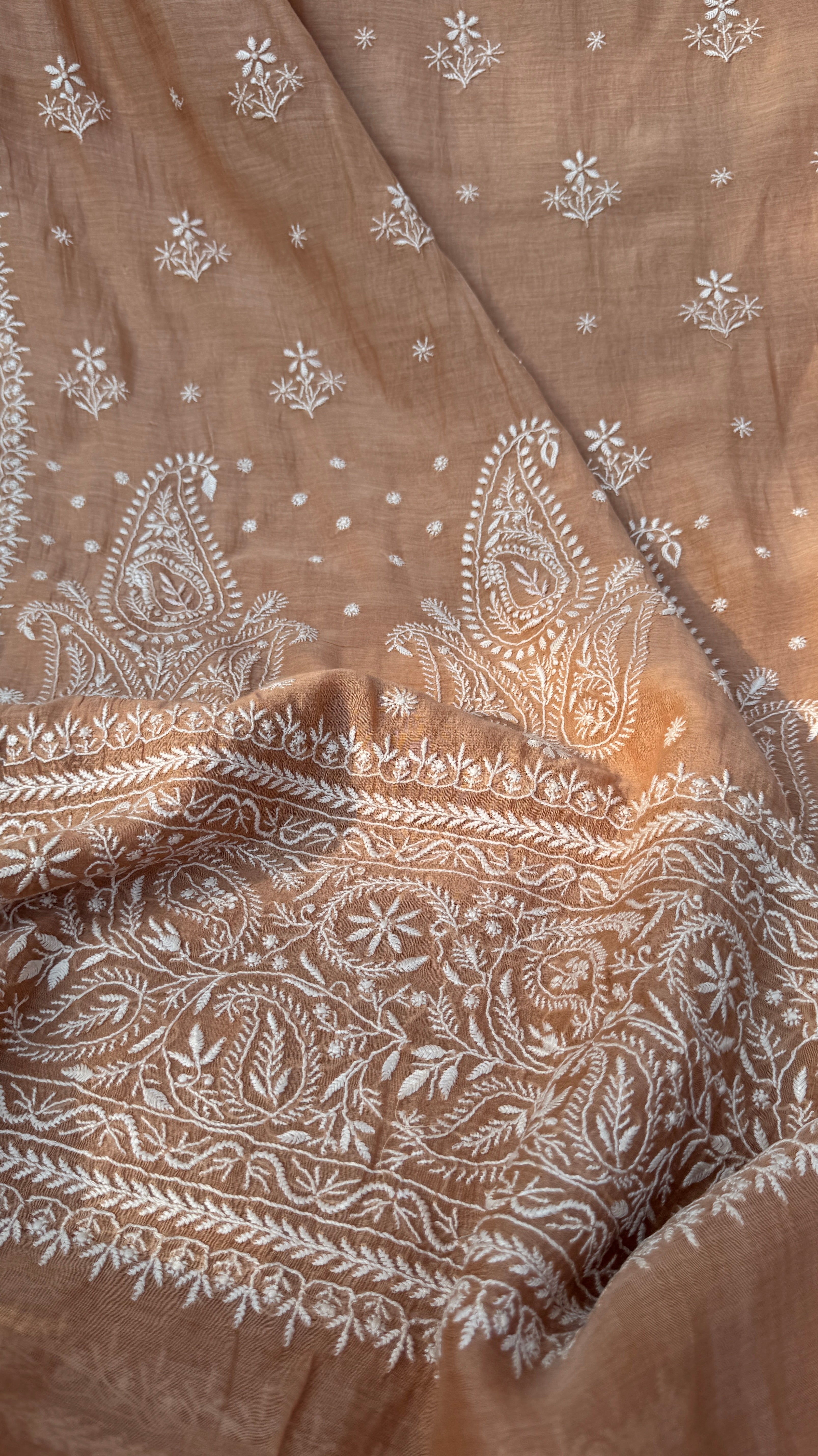 Pure Mul Chanderi Chikankari saree in Brown