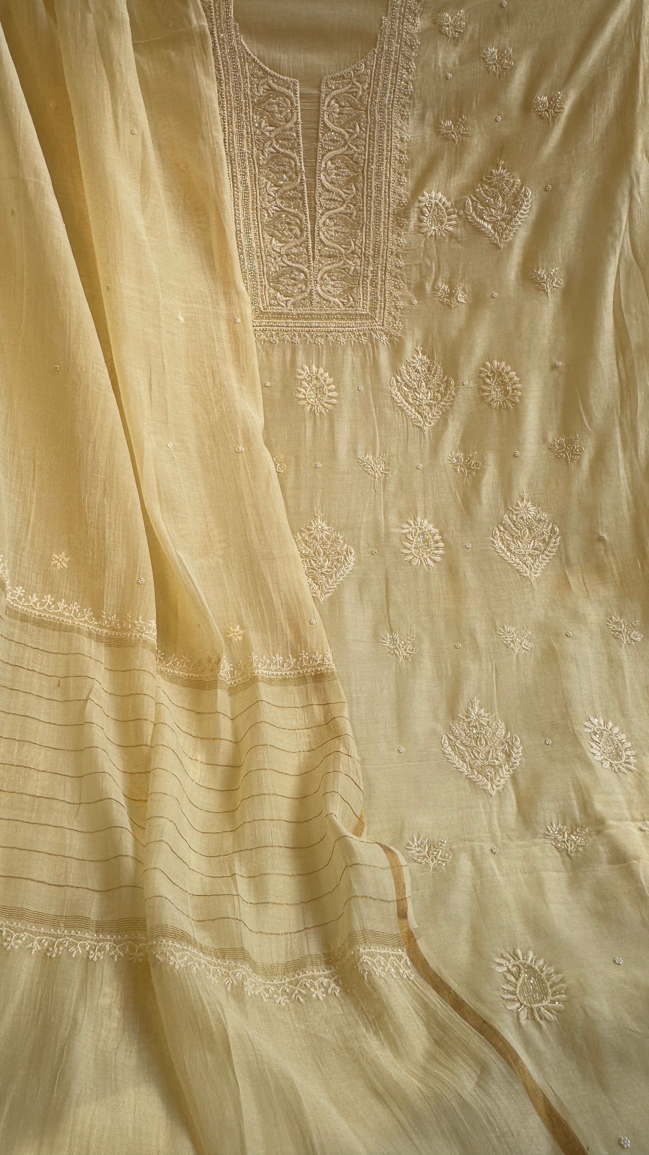 Mul Chanderi Chikankari Length with Dupatta (with Pearl) - Lemon Yellow