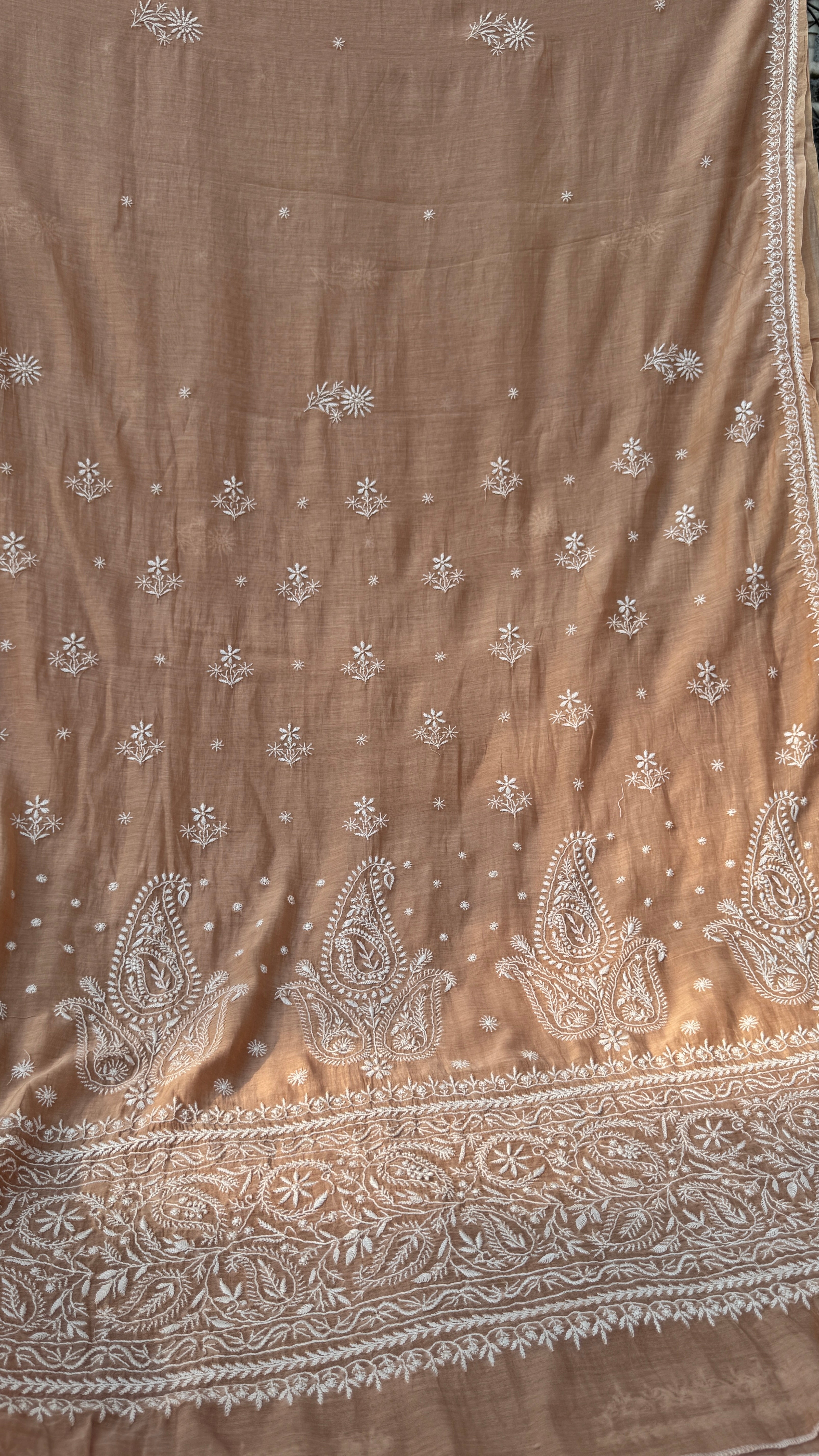 Pure Mul Chanderi Chikankari saree in Brown