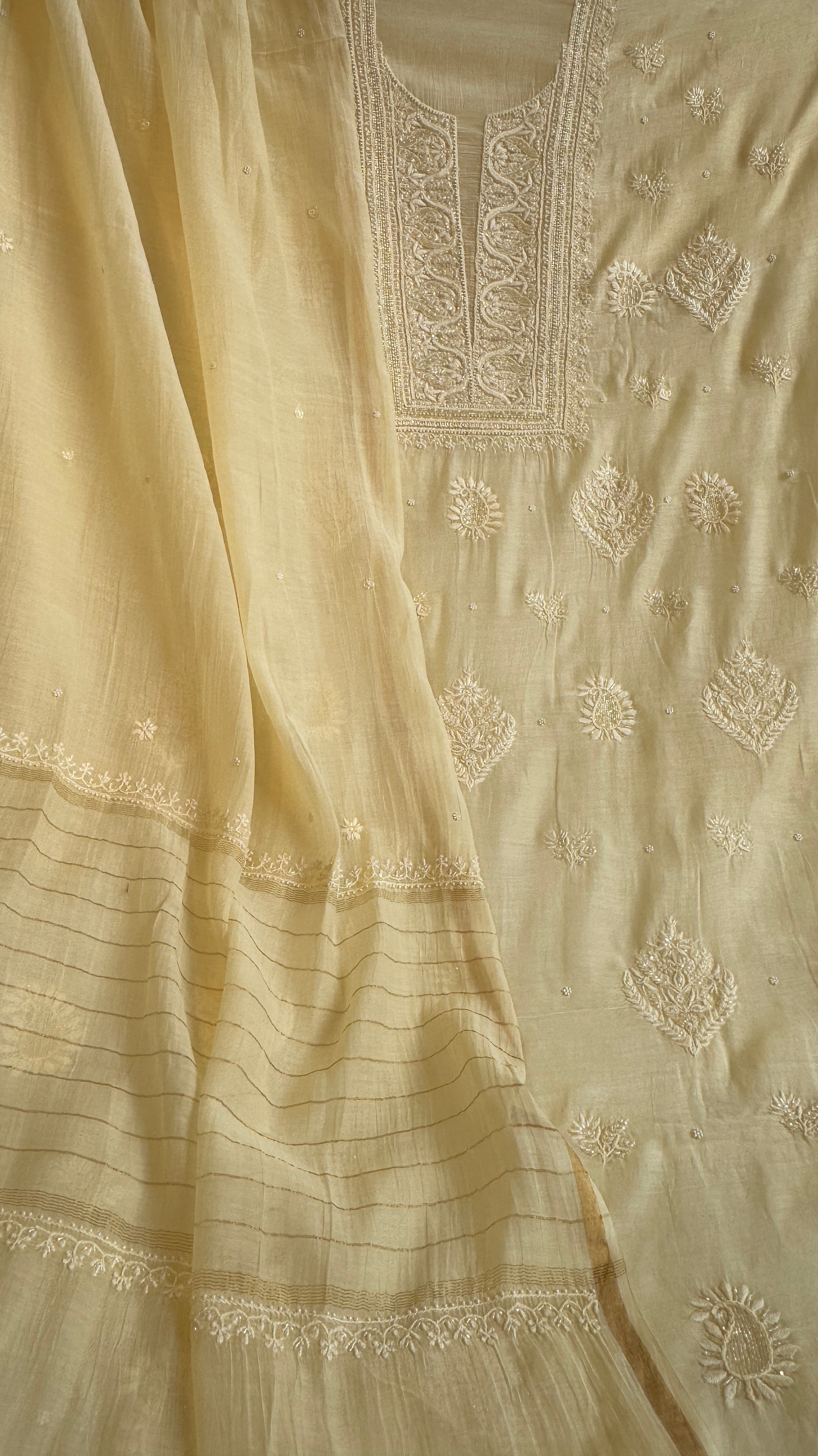 Mul Chanderi Chikankari Length with Dupatta (with Pearl) - Lemon Yellow