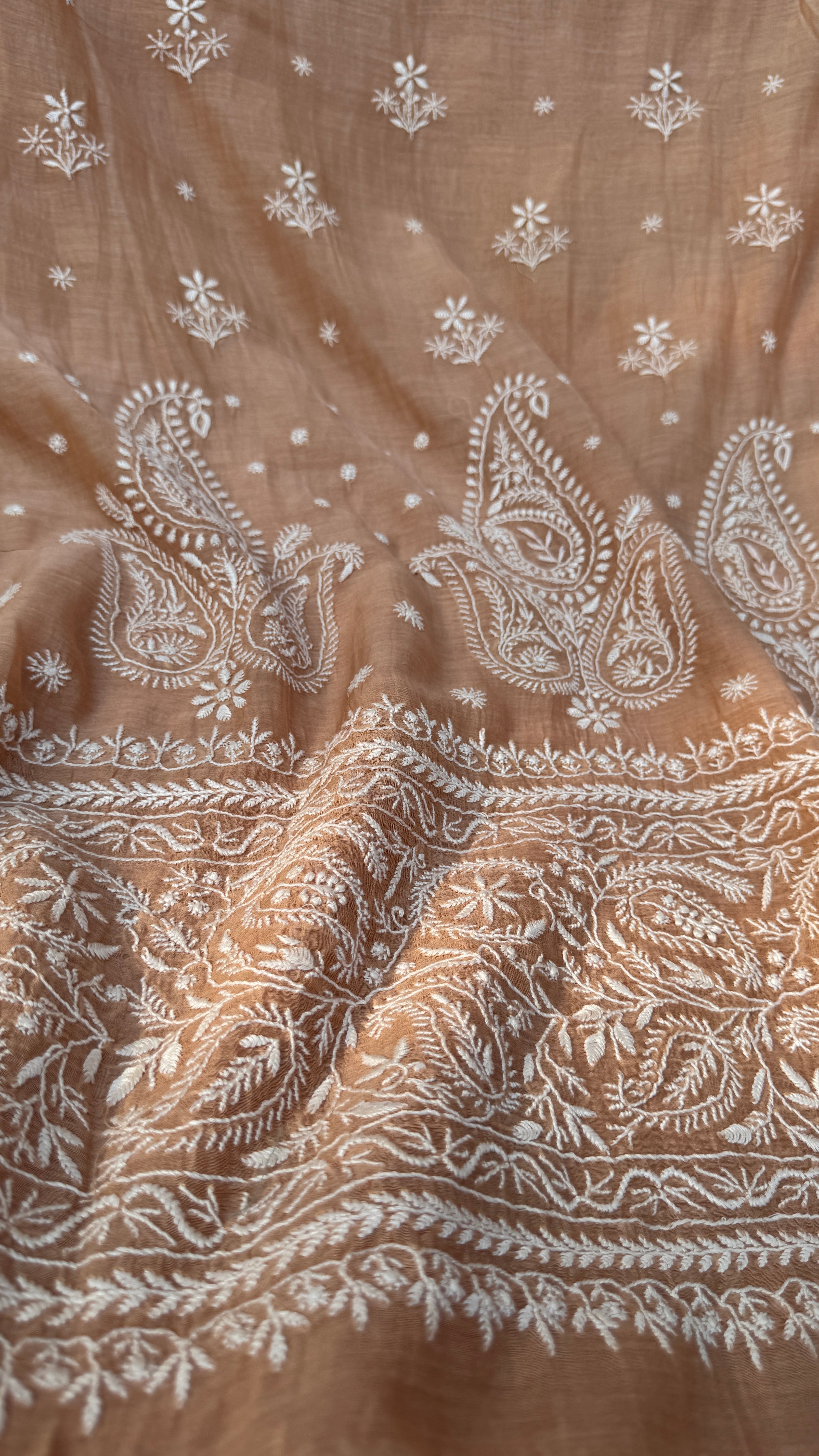 Pure Mul Chanderi Chikankari saree in Brown