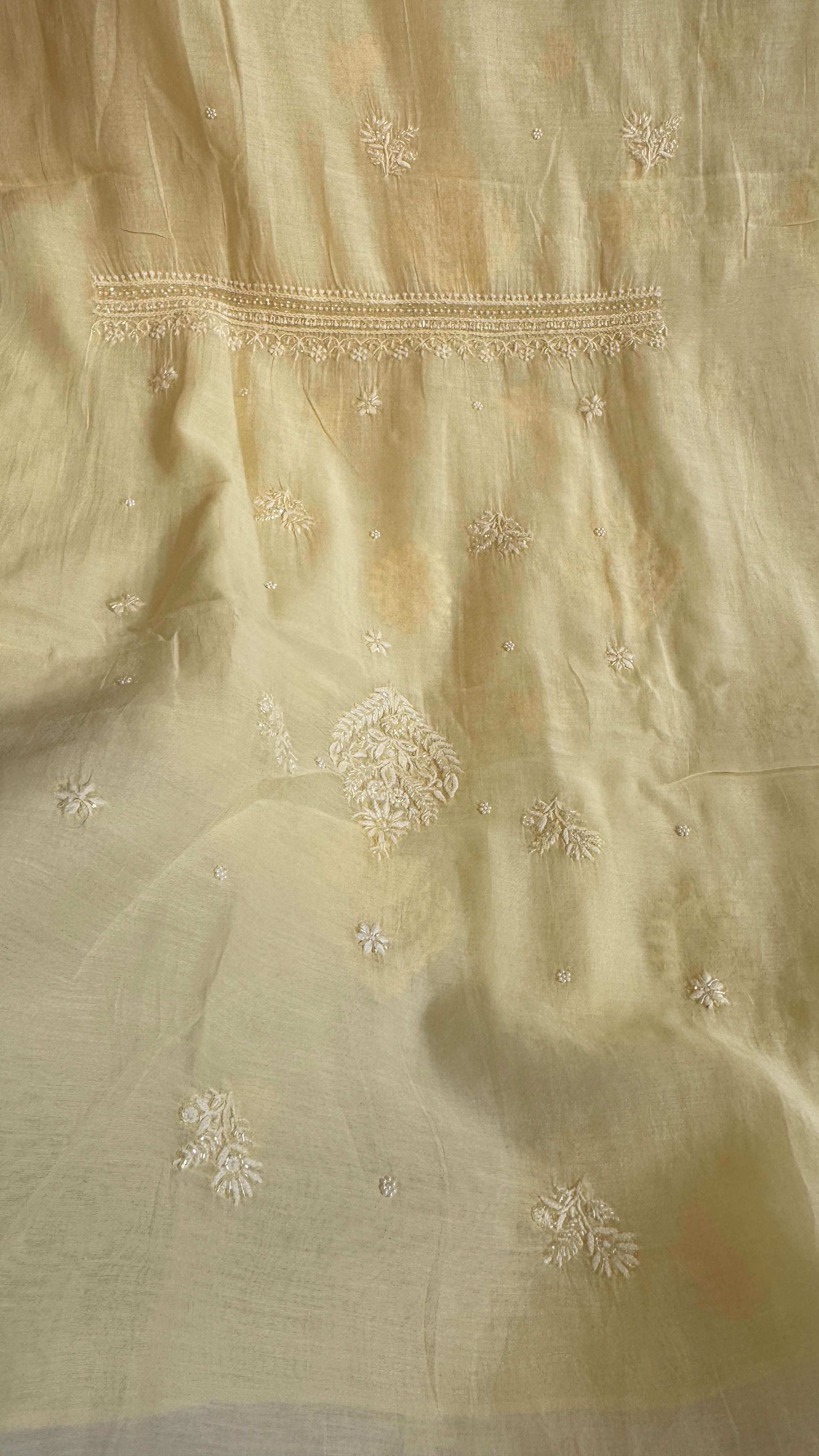 Mul Chanderi Chikankari Length with Dupatta (with Pearl) - Lemon Yellow