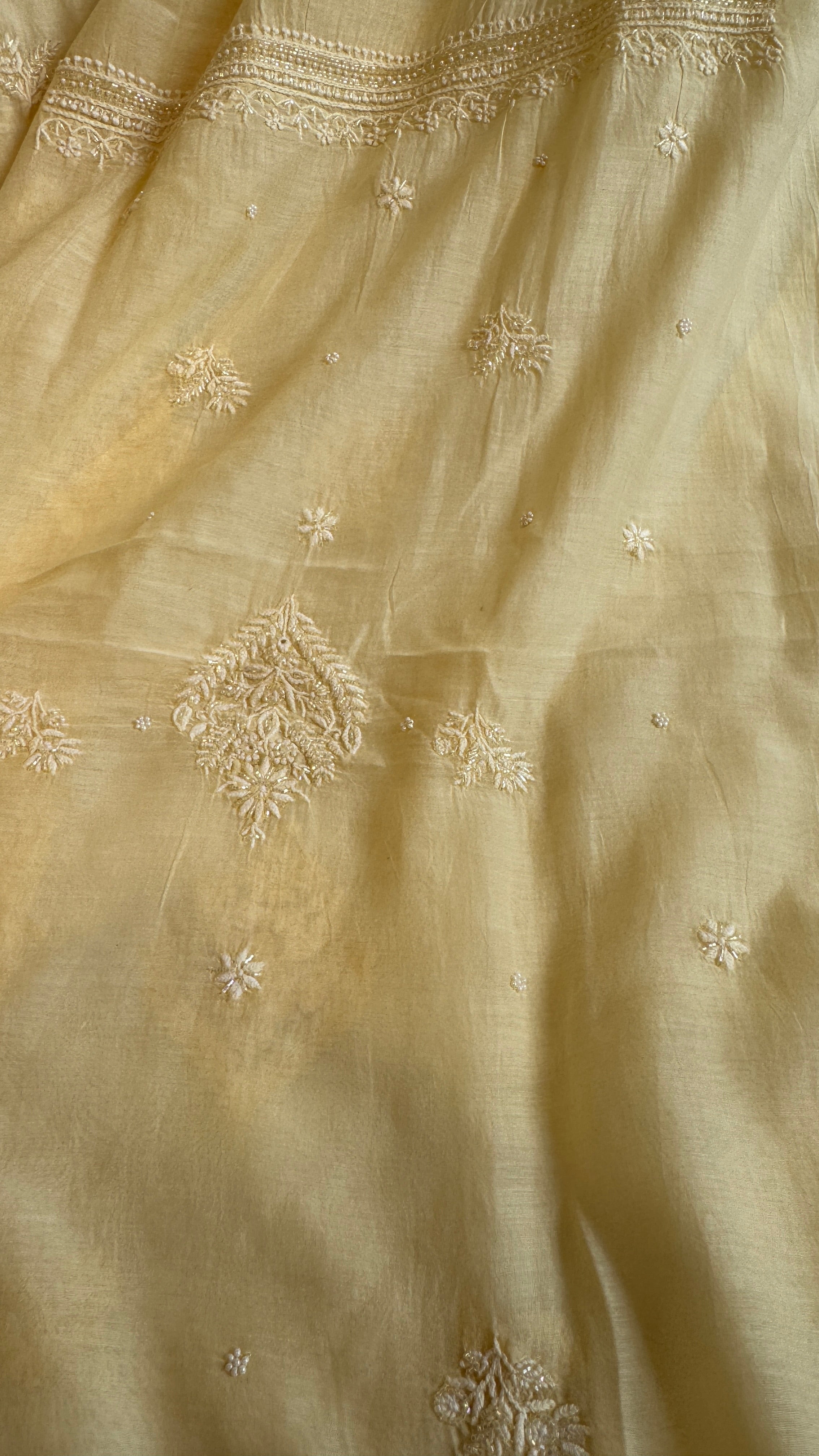 Mul Chanderi Chikankari Length with Dupatta (with Pearl) - Lemon Yellow