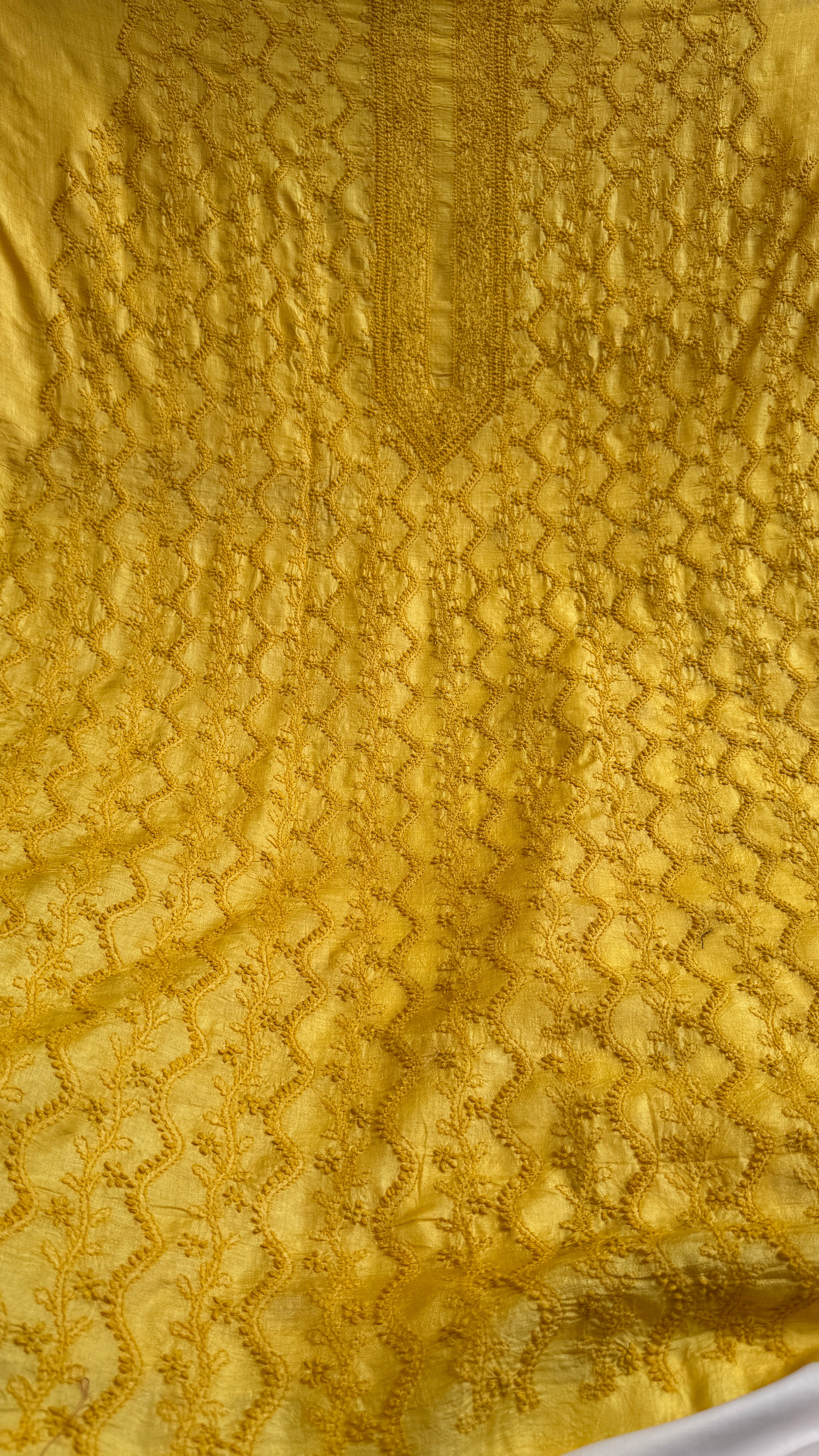 Pure Tussar Silk Chikankari Kurta Length - Mens- Yellow