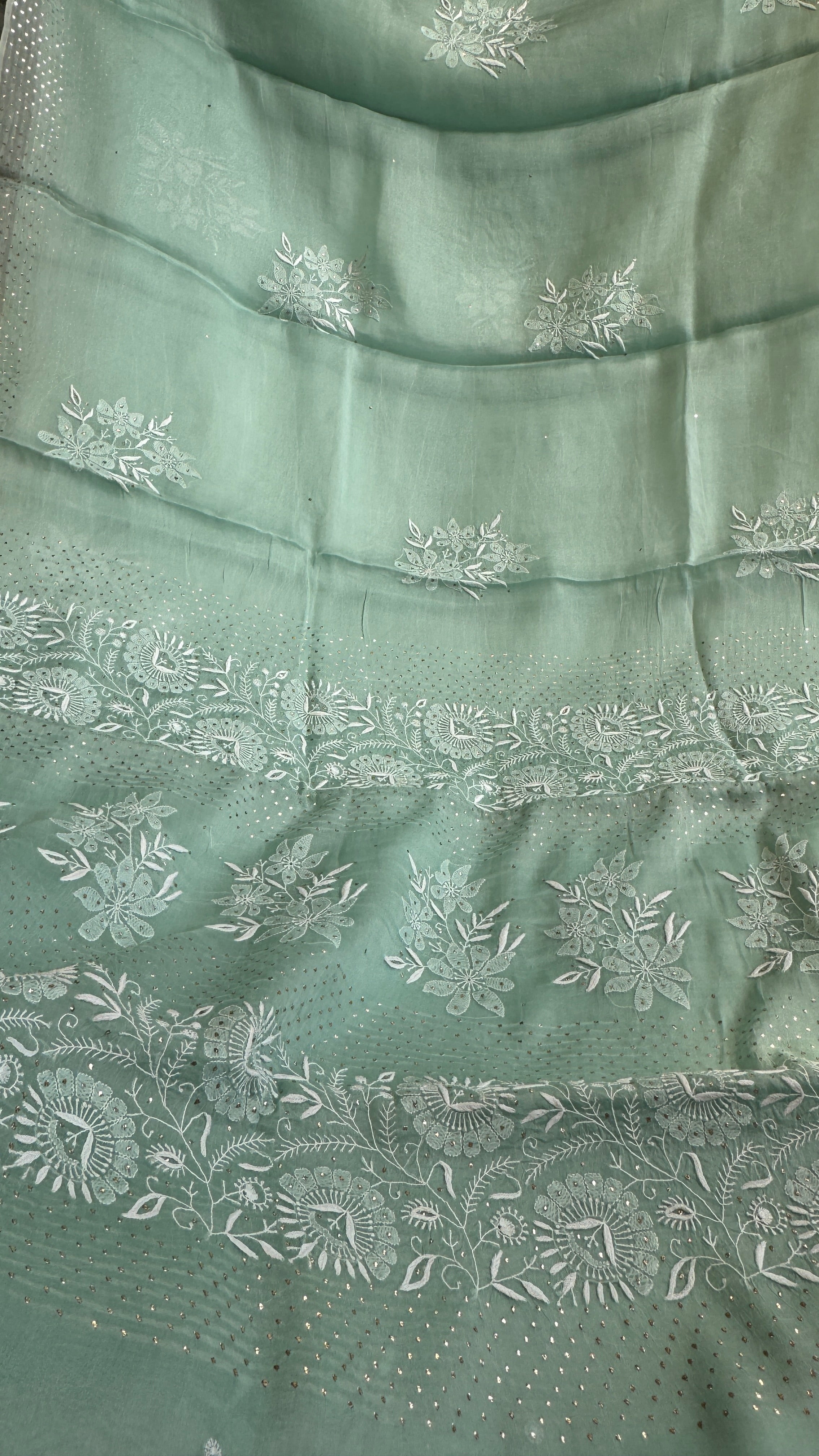 Pure organza Chikankari saree in Green with Mukaish work