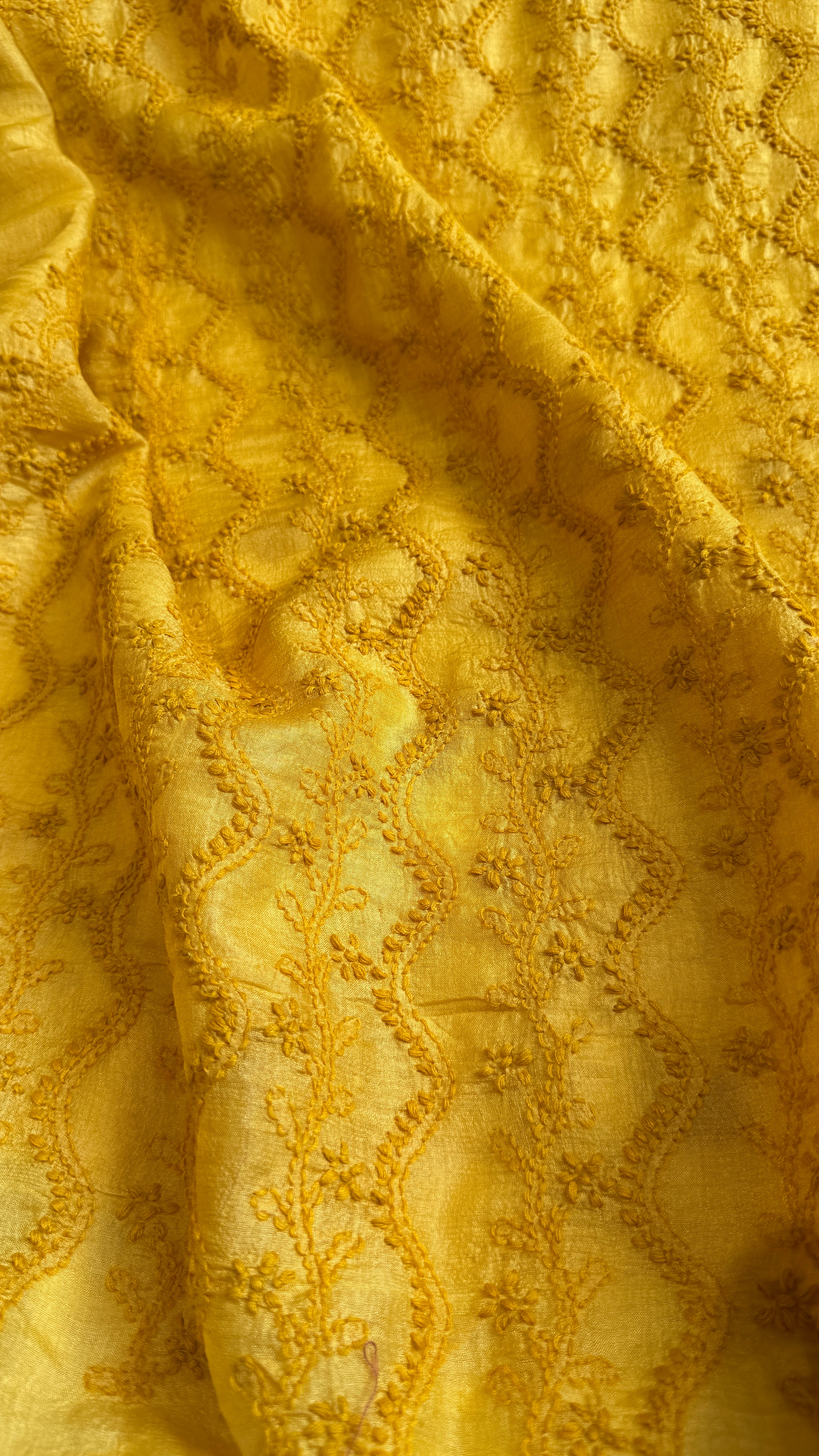 Pure Tussar Silk Chikankari Kurta Length - Mens- Yellow