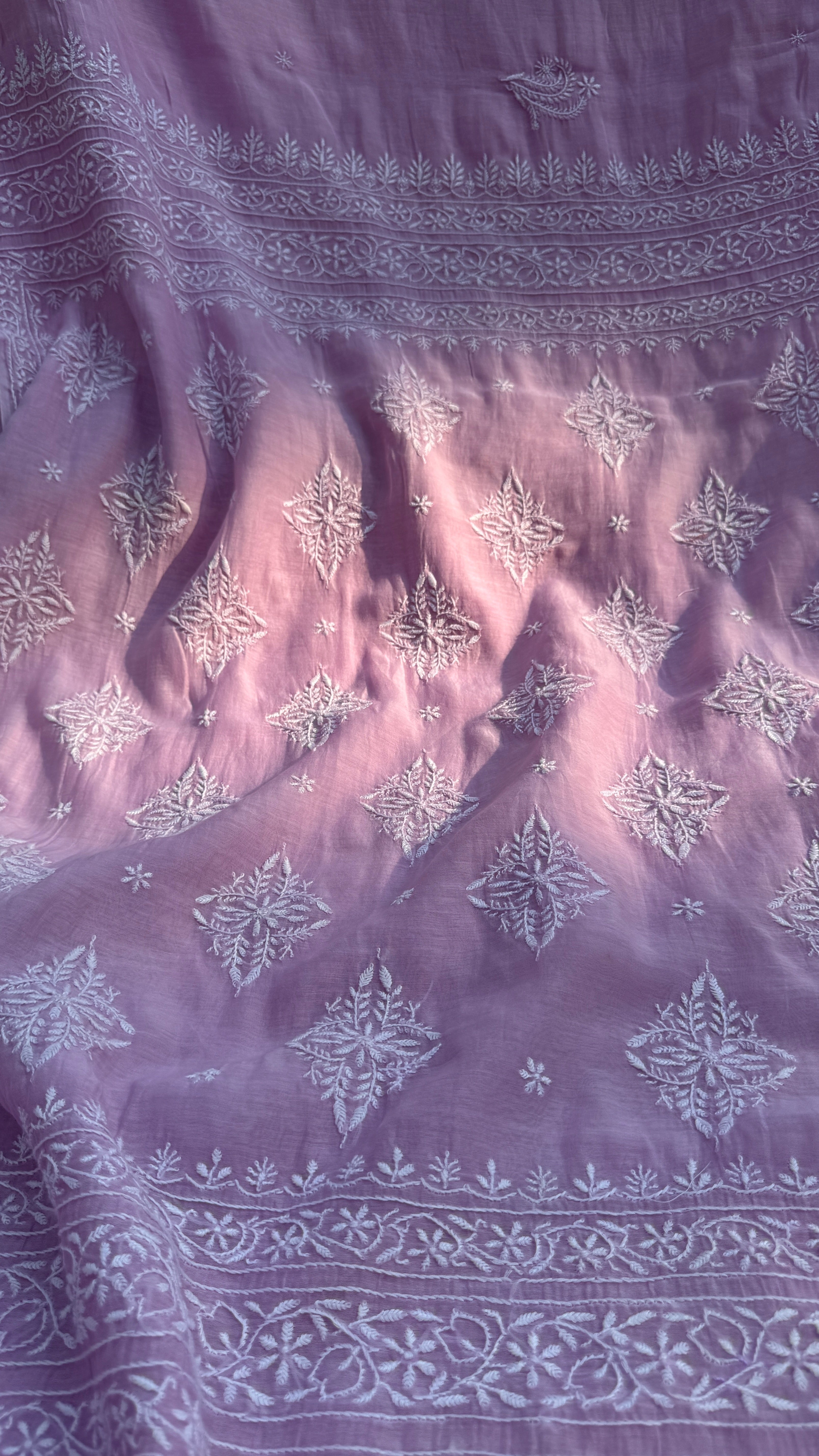 Pure Mul Chanderi Chikankari saree in Lilac