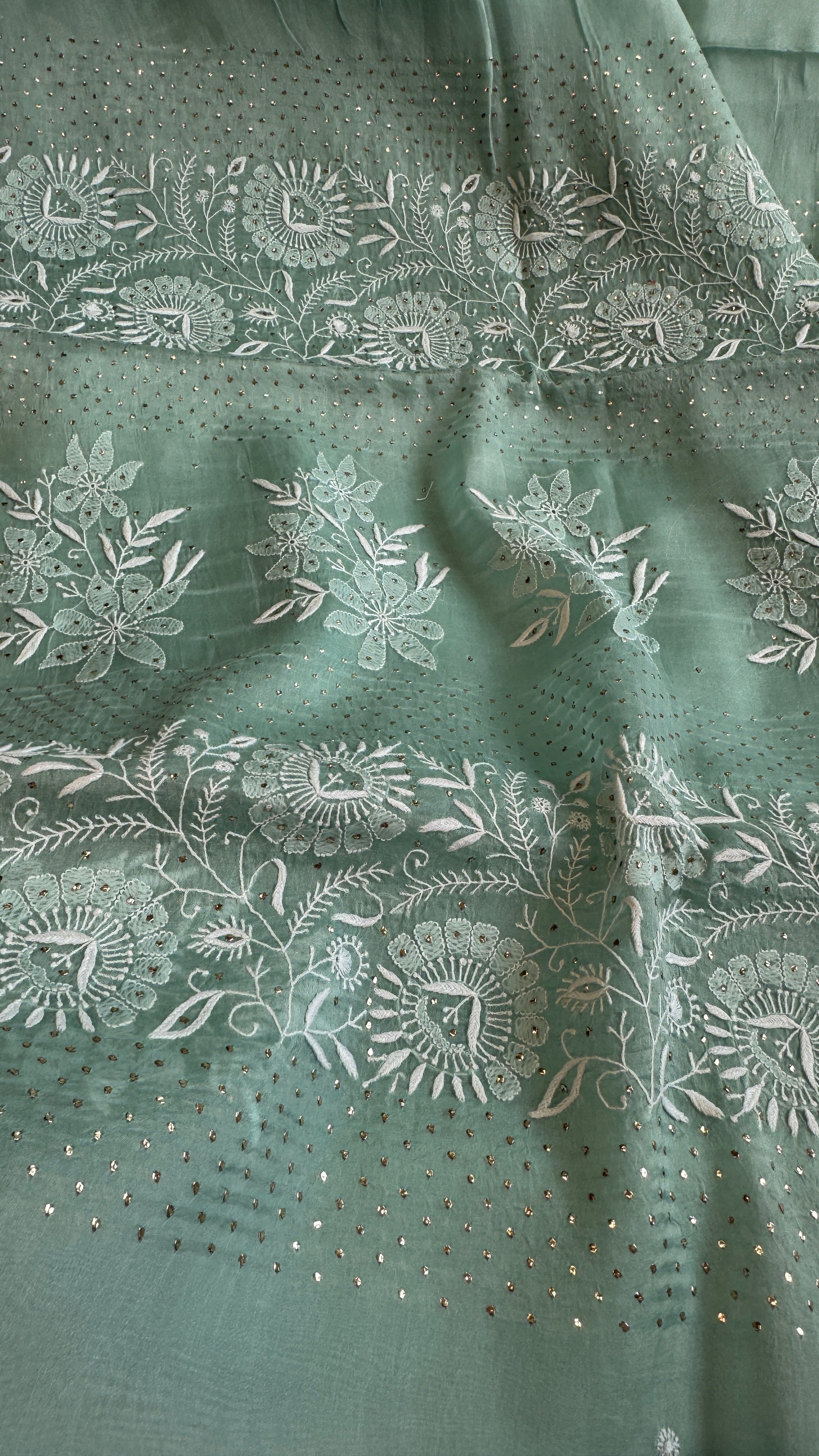 Pure organza Chikankari saree in Green with Mukaish work