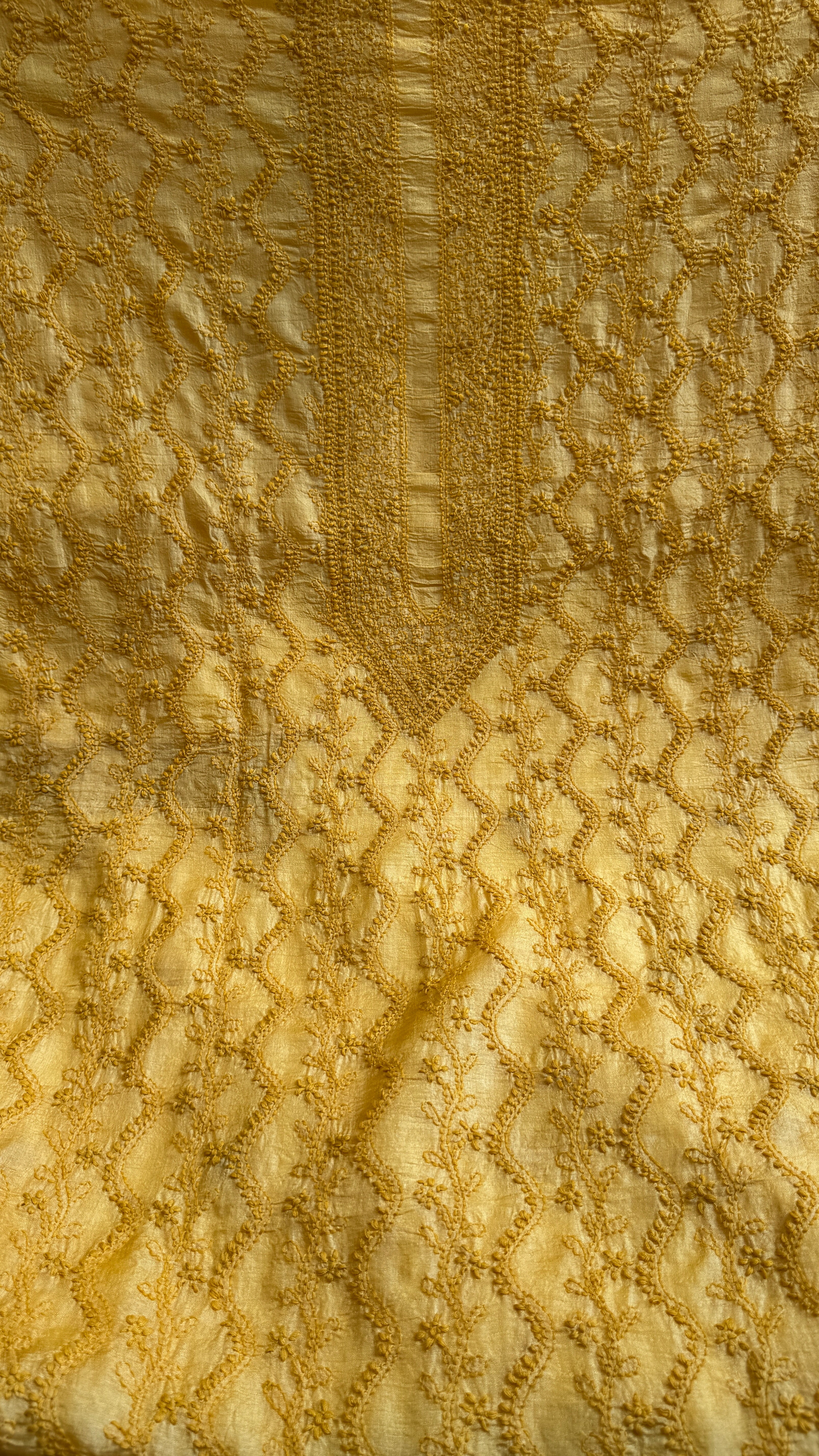 Pure Tussar Silk Chikankari Kurta Length - Mens- Yellow