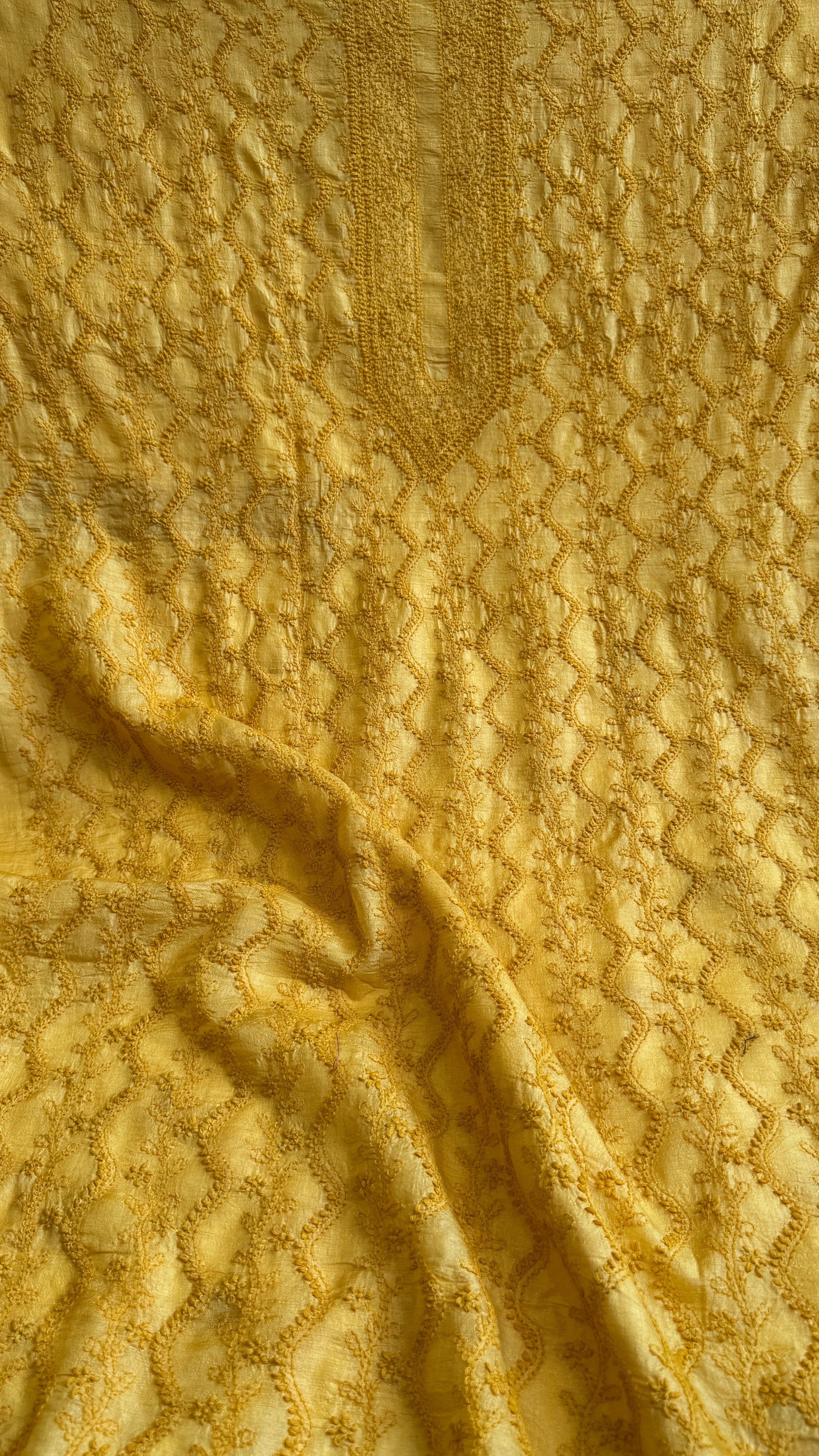 Pure Tussar Silk Chikankari Kurta Length - Mens- Yellow