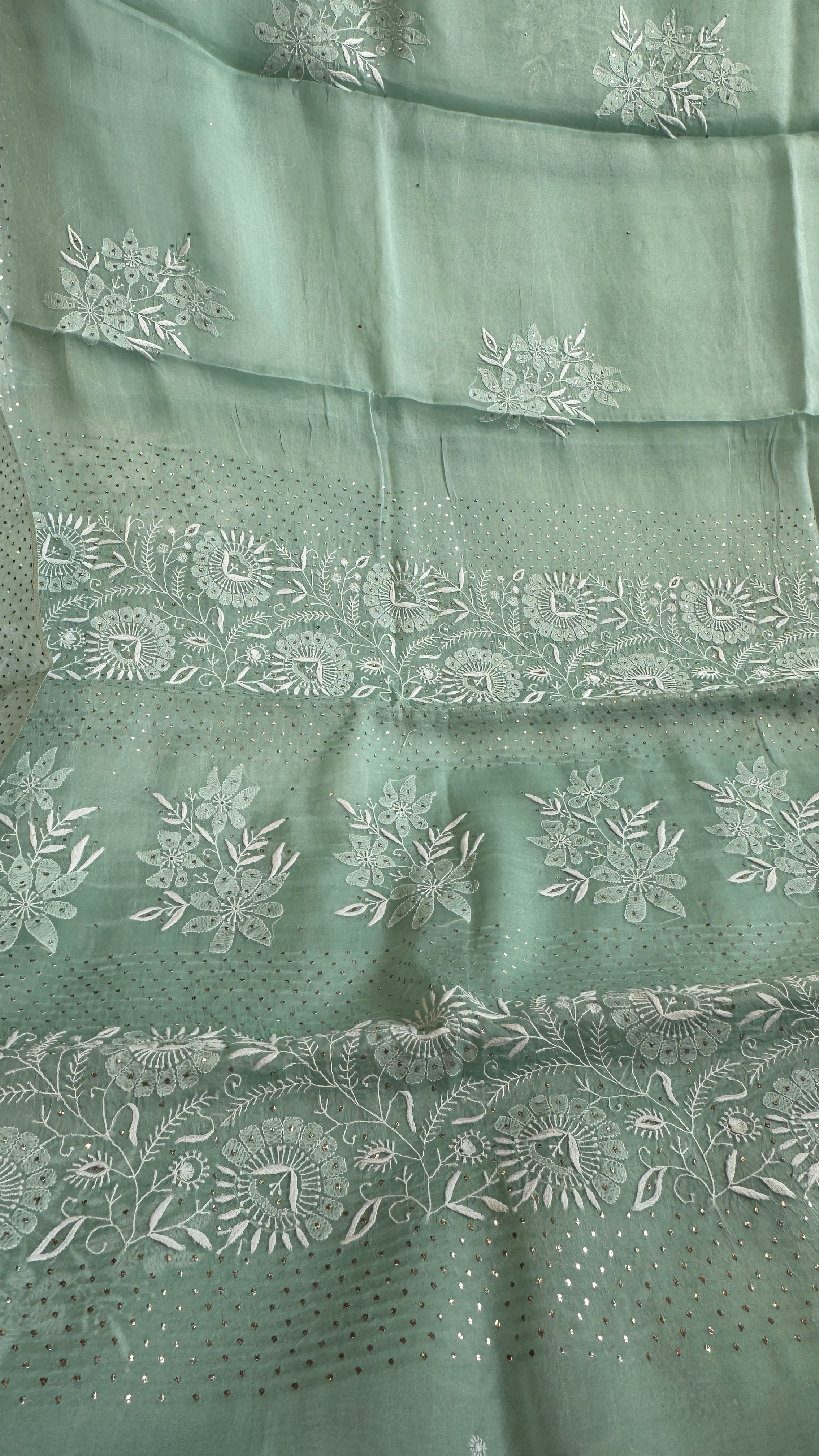 Pure organza Chikankari saree in Green with Mukaish work