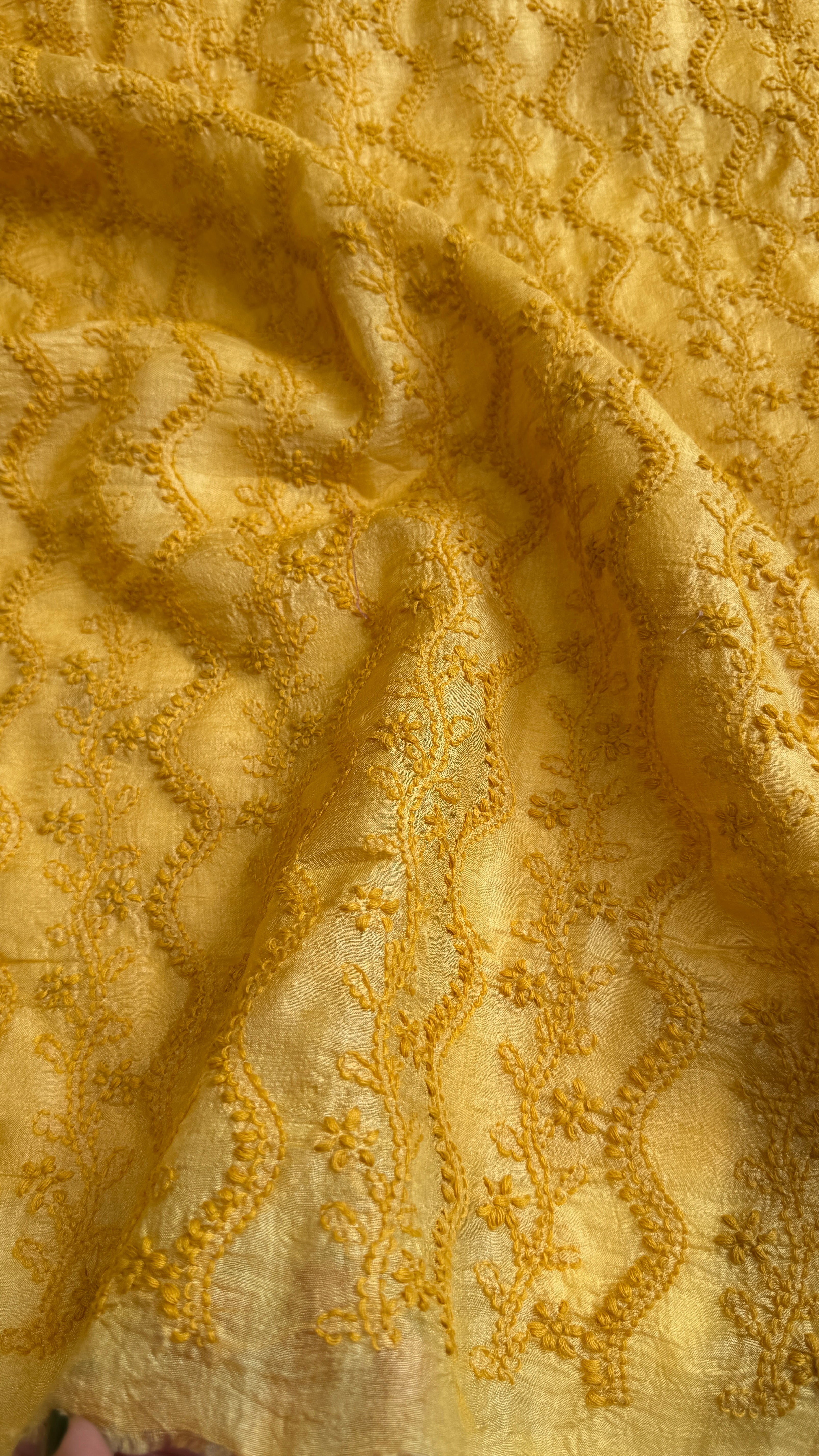 Pure Tussar Silk Chikankari Kurta Length - Mens- Yellow