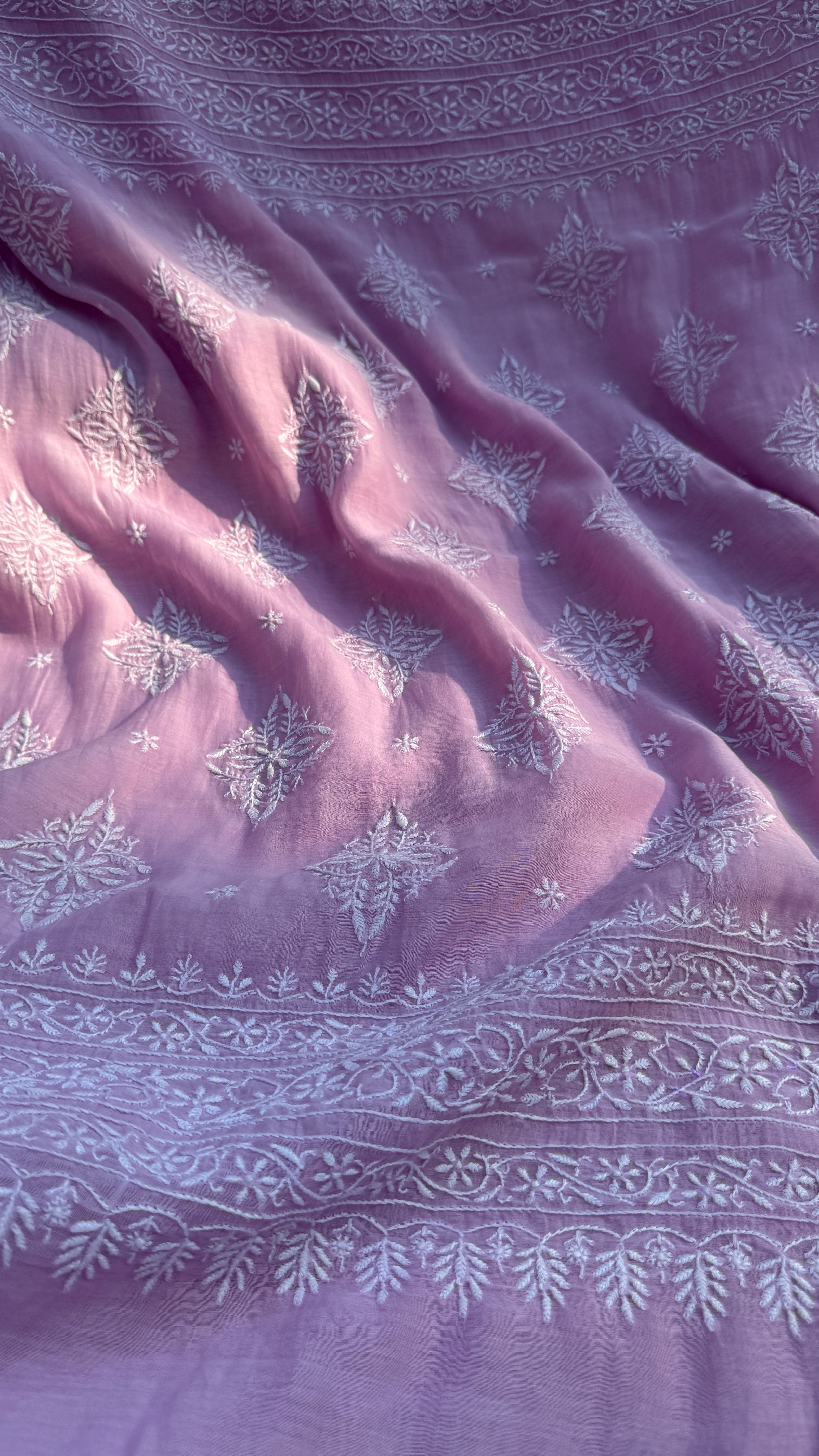 Pure Mul Chanderi Chikankari saree in Lilac