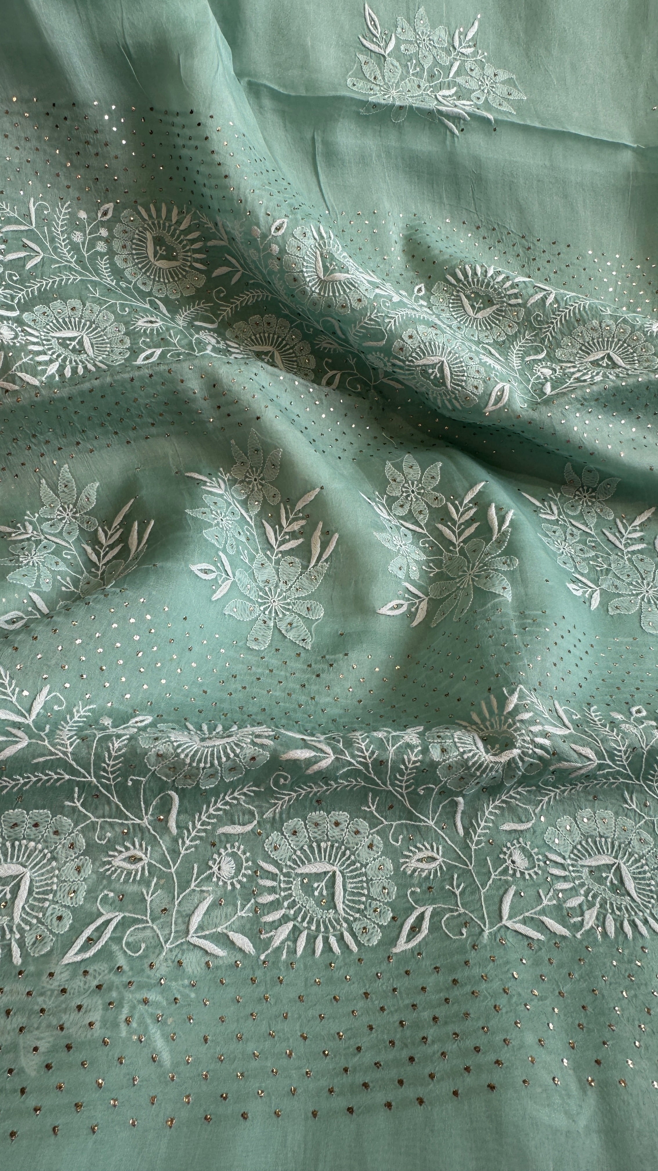 Pure organza Chikankari saree in Green with Mukaish work