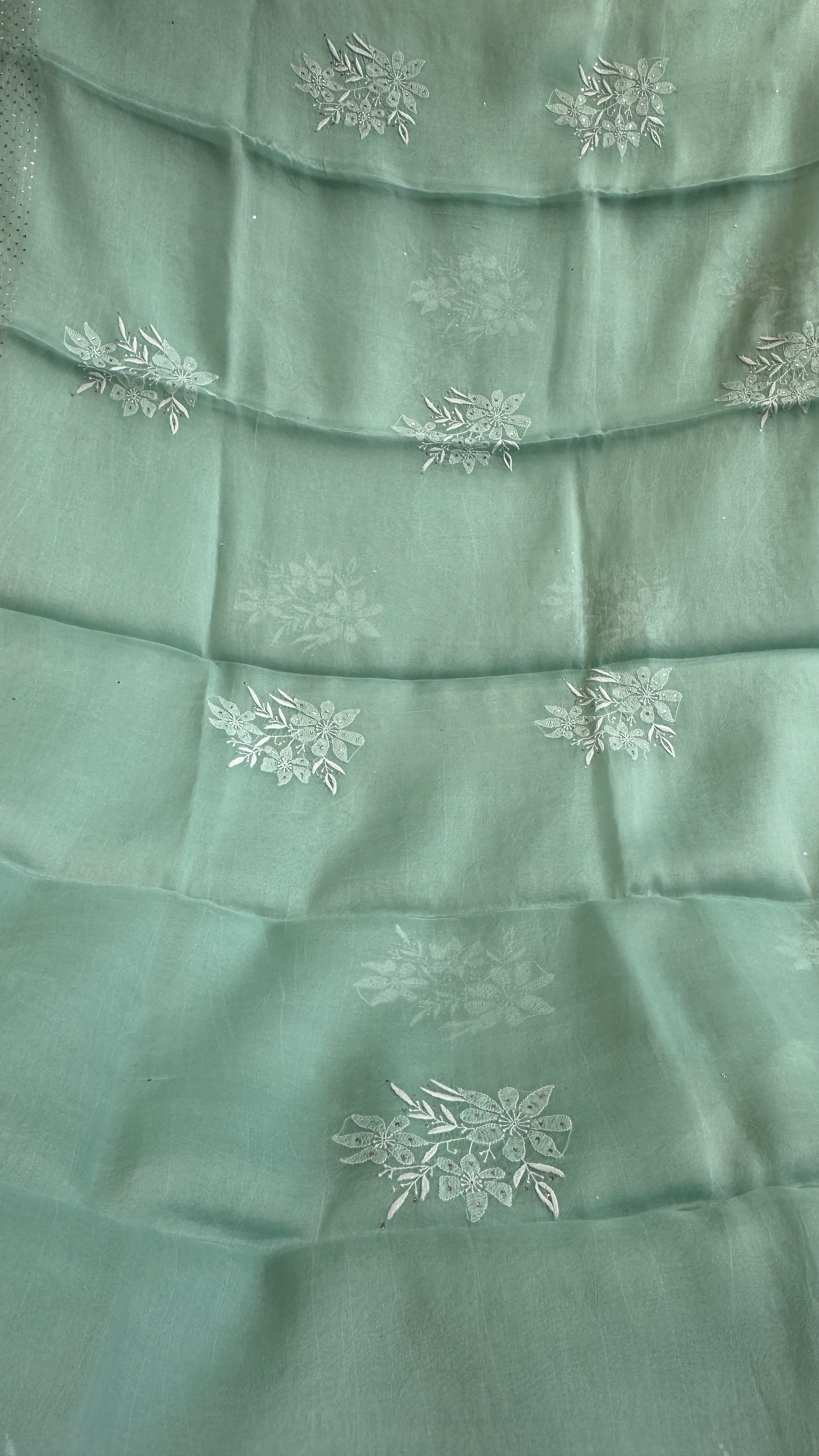 Pure organza Chikankari saree in Green with Mukaish work