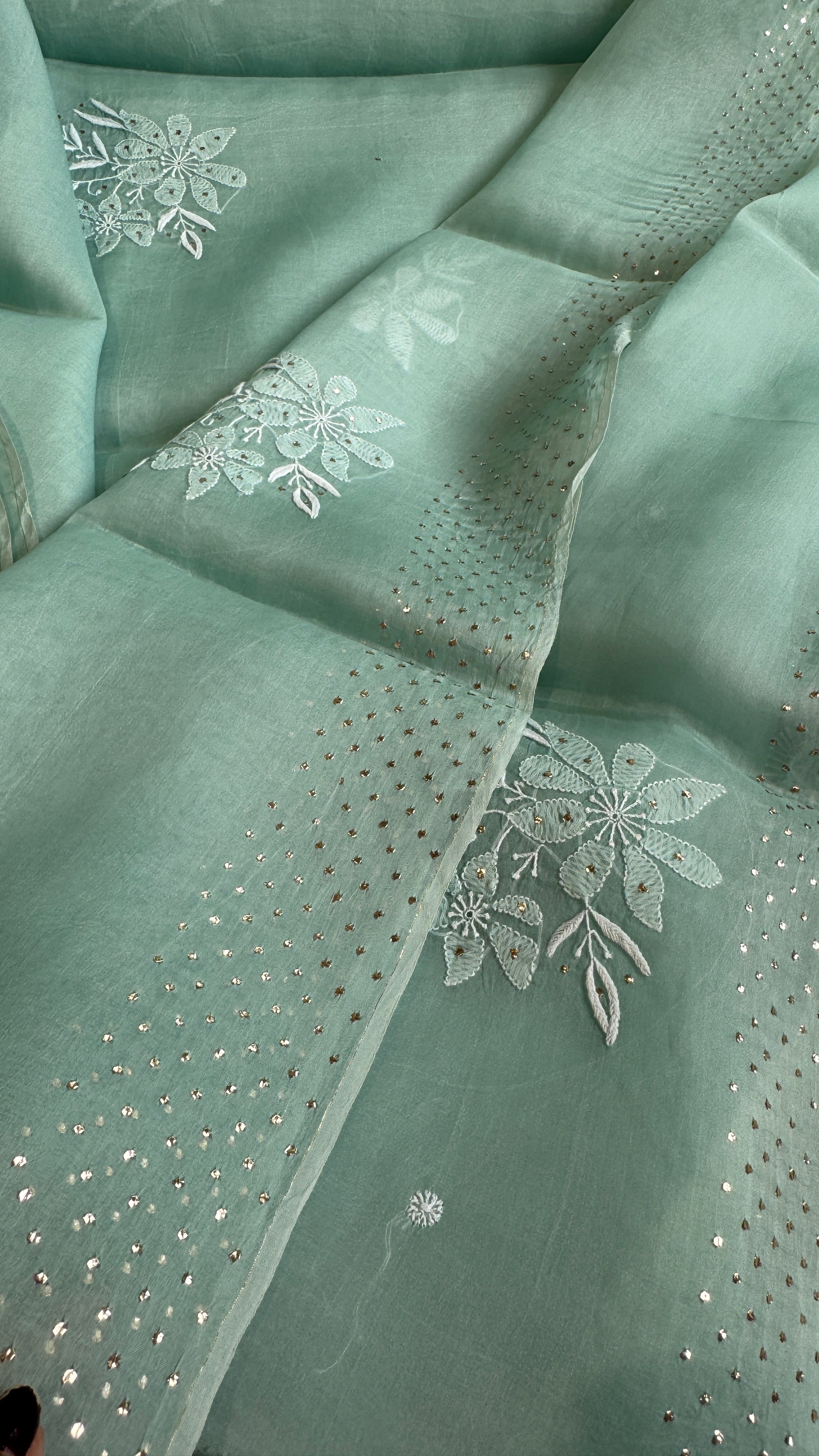 Pure organza Chikankari saree in Green with Mukaish work