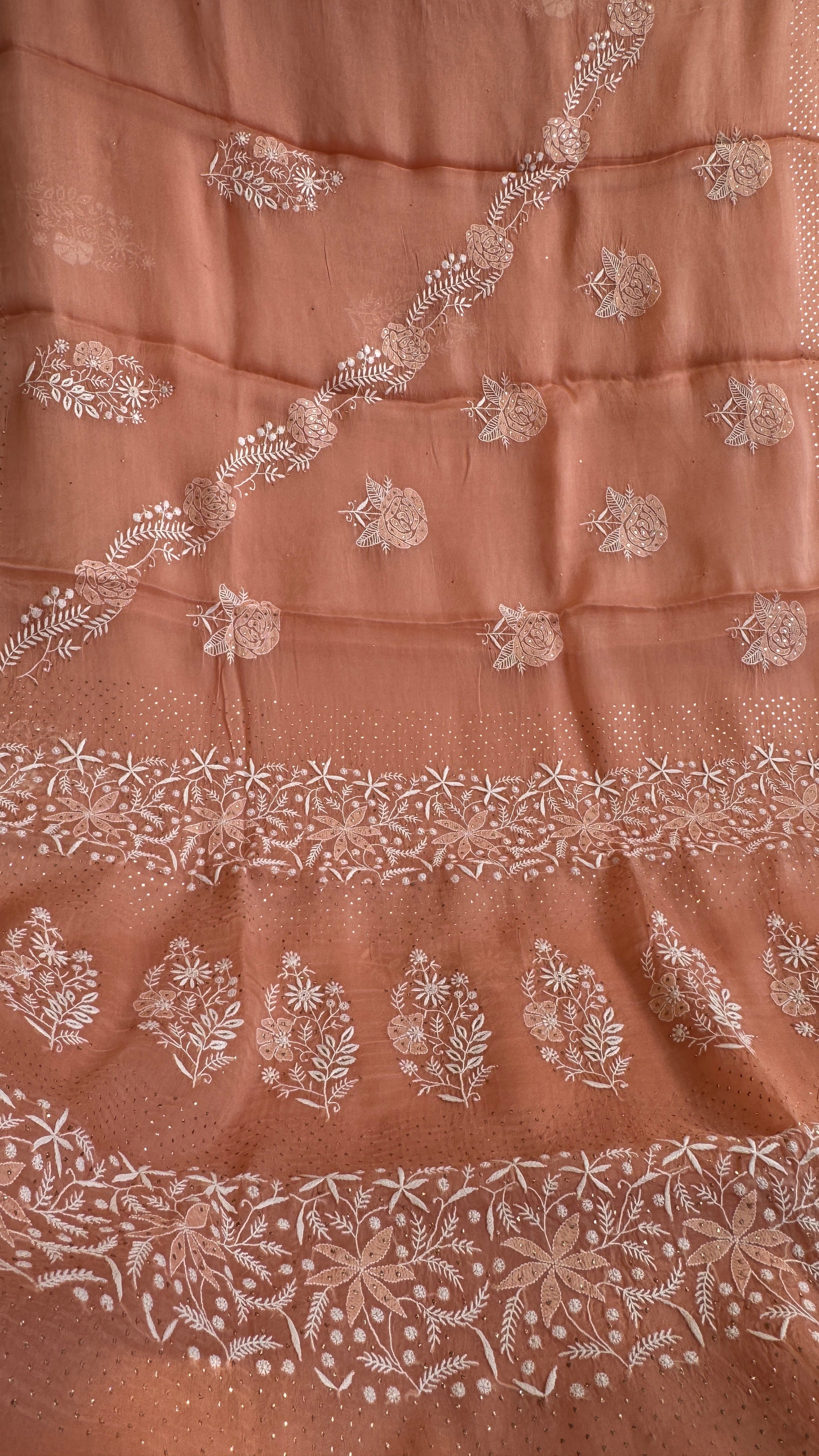 Pure organza Chikankari saree in Peach with Mukaish work