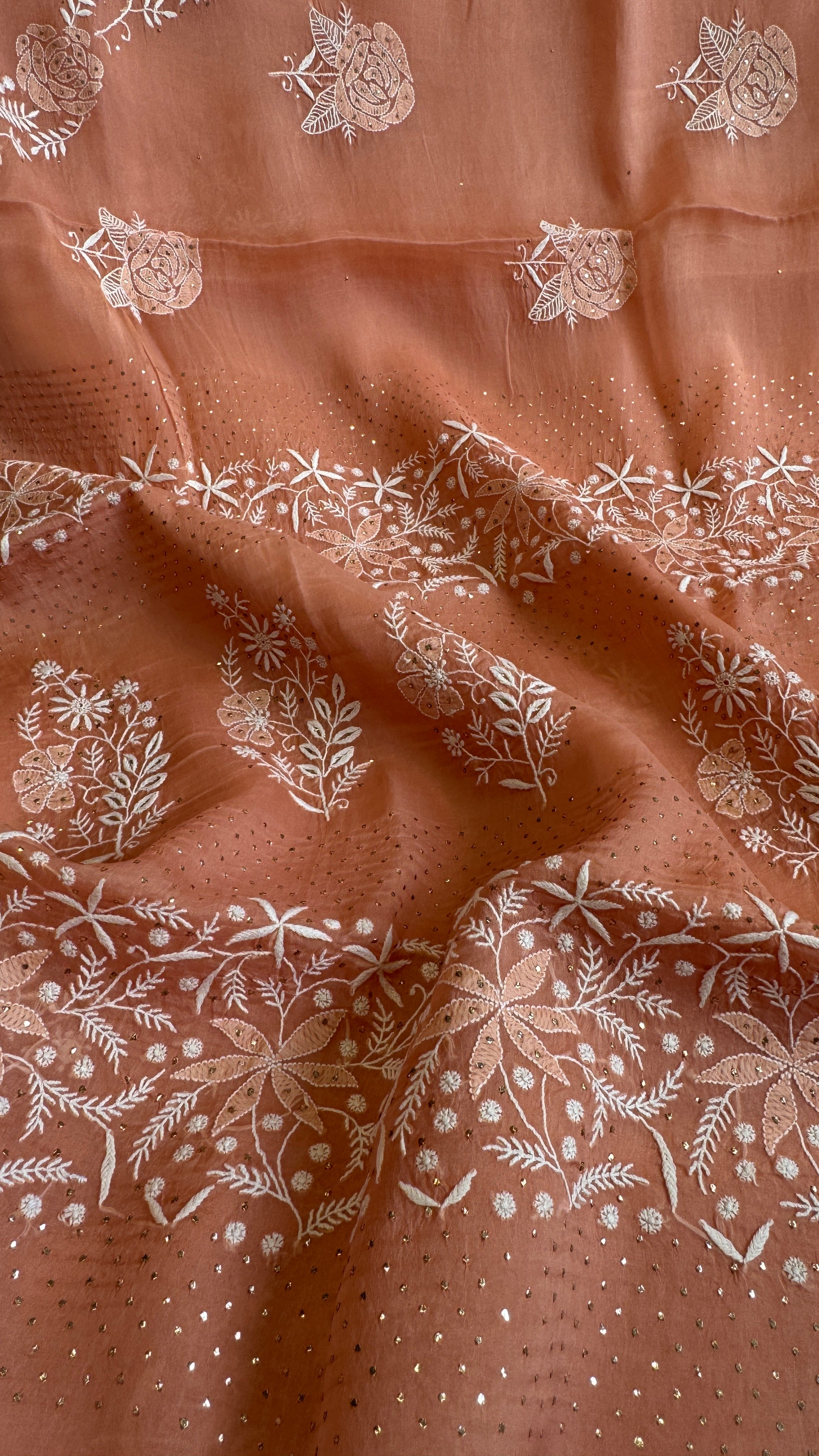 Pure organza Chikankari saree in Peach with Mukaish work